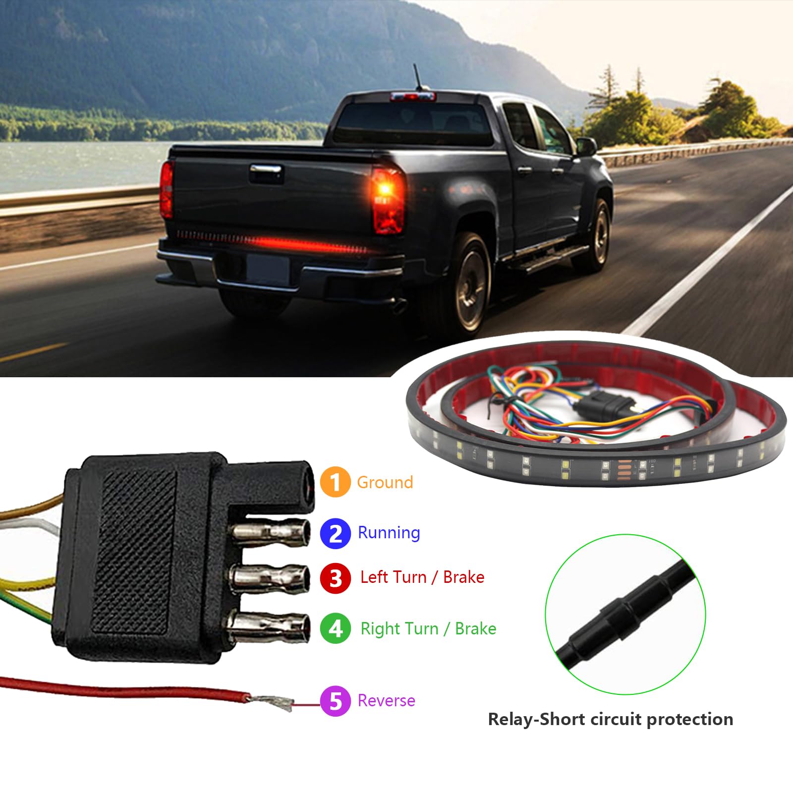 Kewucn Tailgate Light Bar 59'' Led, Ip65 Double Row Led Strip With Red Running Brake White Reverse Red Turning Signals Lights, U