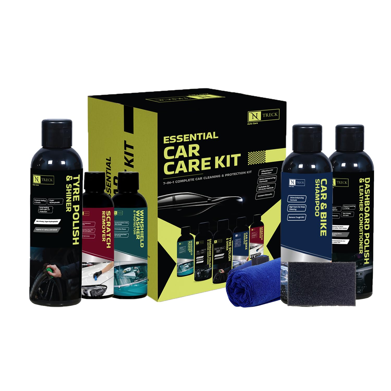 Ntreck Essential Car Cleaning Kit - 7 Pcs | Contains Dashboard Polish, Car & Bike Shampoo & Tyre Polish, Windshield Washer, Scra