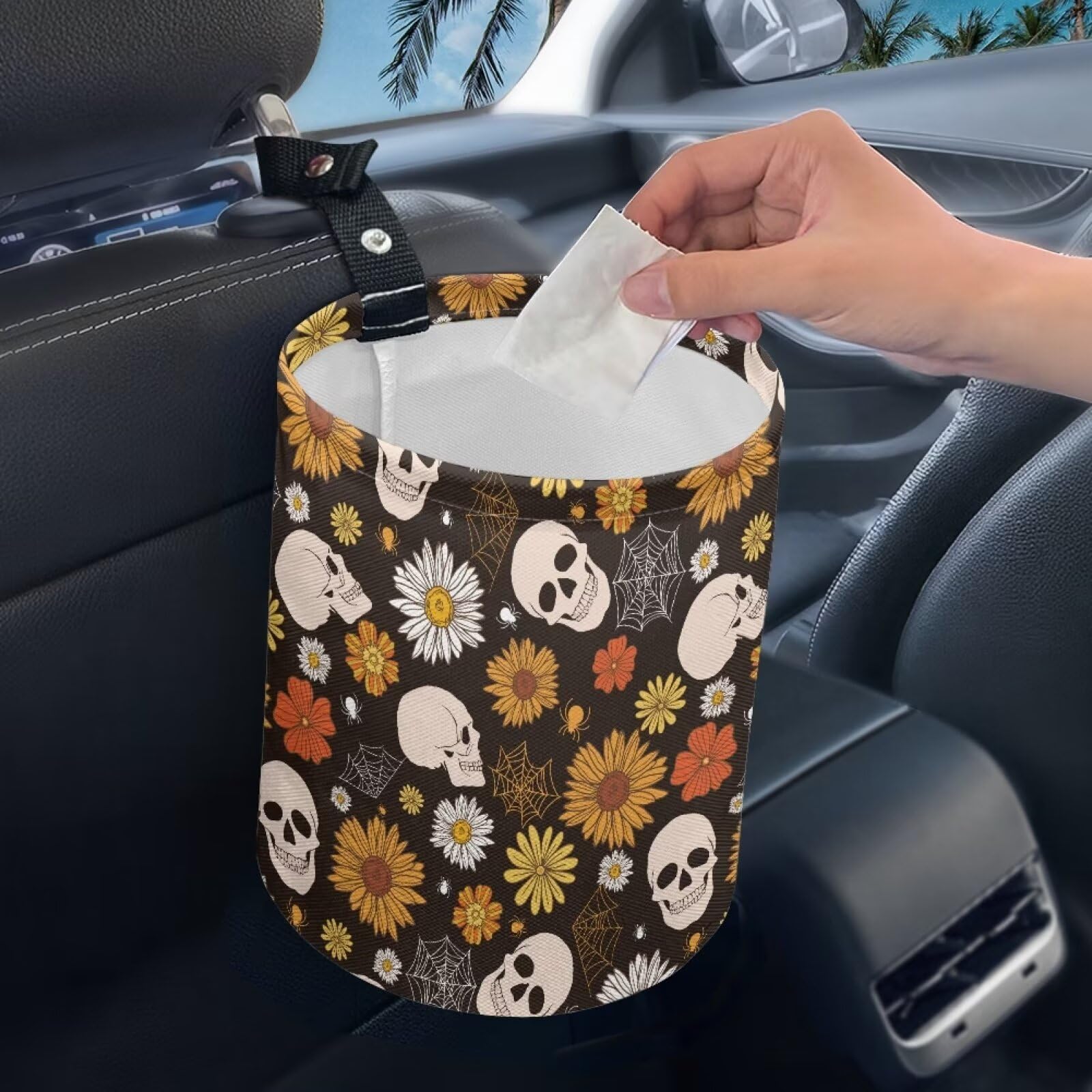 Brosoneto Halloween Gothic Skull Car Trash Bag Portable Garbage Bin Hippie Daisy Retro for Car Front Seat, Back Seat, Floor, Eas