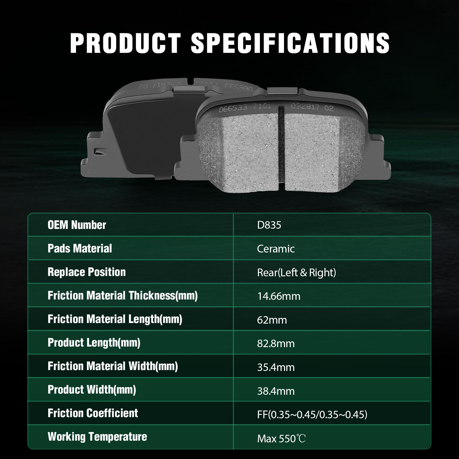 Automuto 4Pcs Rear Ceramic Disc Brake Pads Set D835 For Lexus Es300 2000-2001,For Scion Tc 2010,For Toyota For Camry 2000-2001