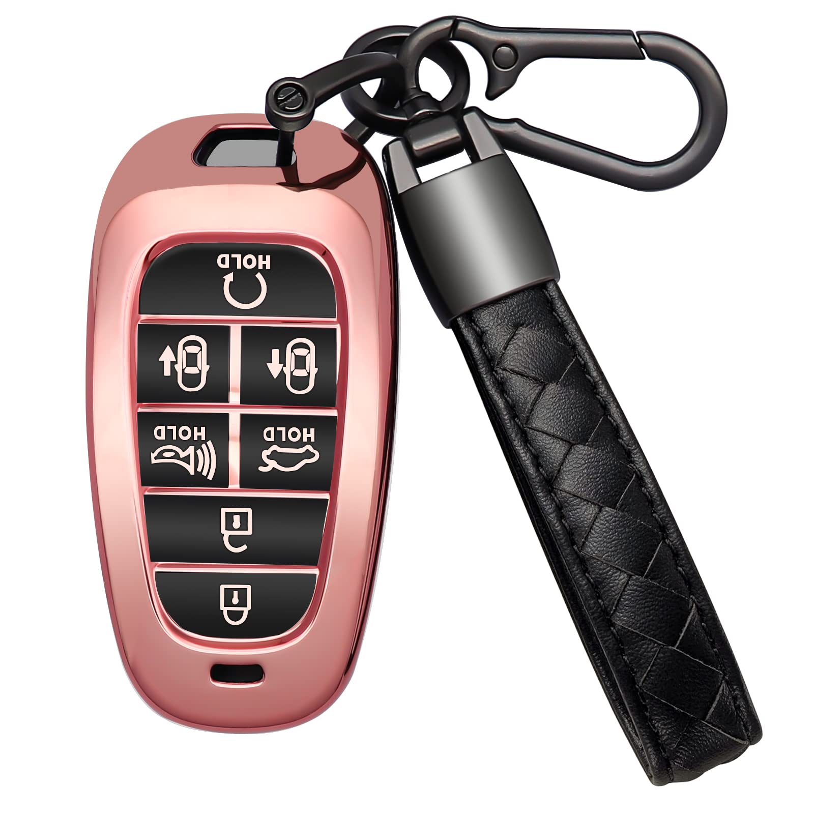 Kespevn For Hyundai Key Fob Cover 7 Button With Leather Keychain Soft Tpu 360 Degree Protection Car Key Case Shell Holder Fits F