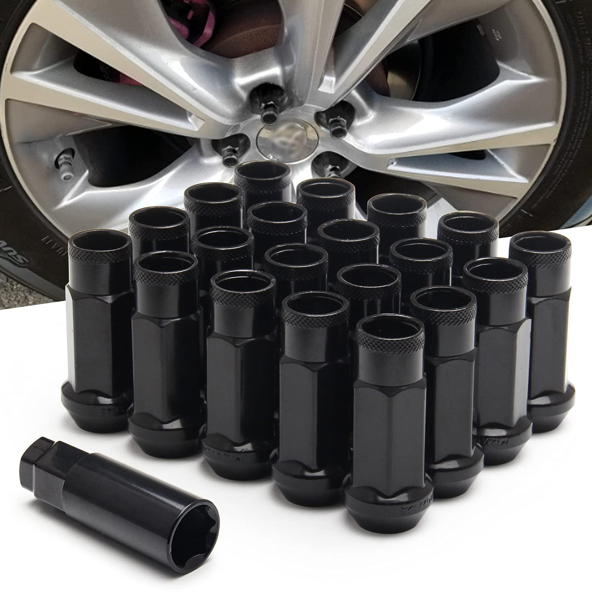 Wenjtp 20Pcs Black Cold Forged Steel 12Mm*1.5 Lug Nuts Extended Tuner Wheel Nuts Modified Nuts Open End Compatible With Various 