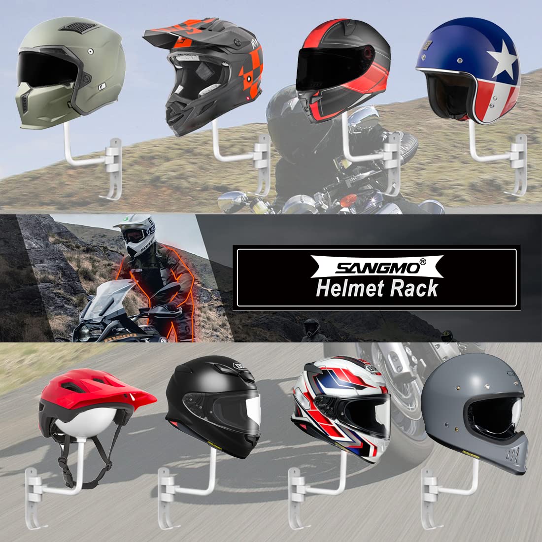 Snagmo White 180° Motorcycle Helmet Rack, Rotation Metal Helmet Holder Wall Mounted Helmet Rack Motorcycle With 2 Hooks Helmet Hanger For Motorcycle Bike Coats, Caps, Baseballs, Rugby Helmet