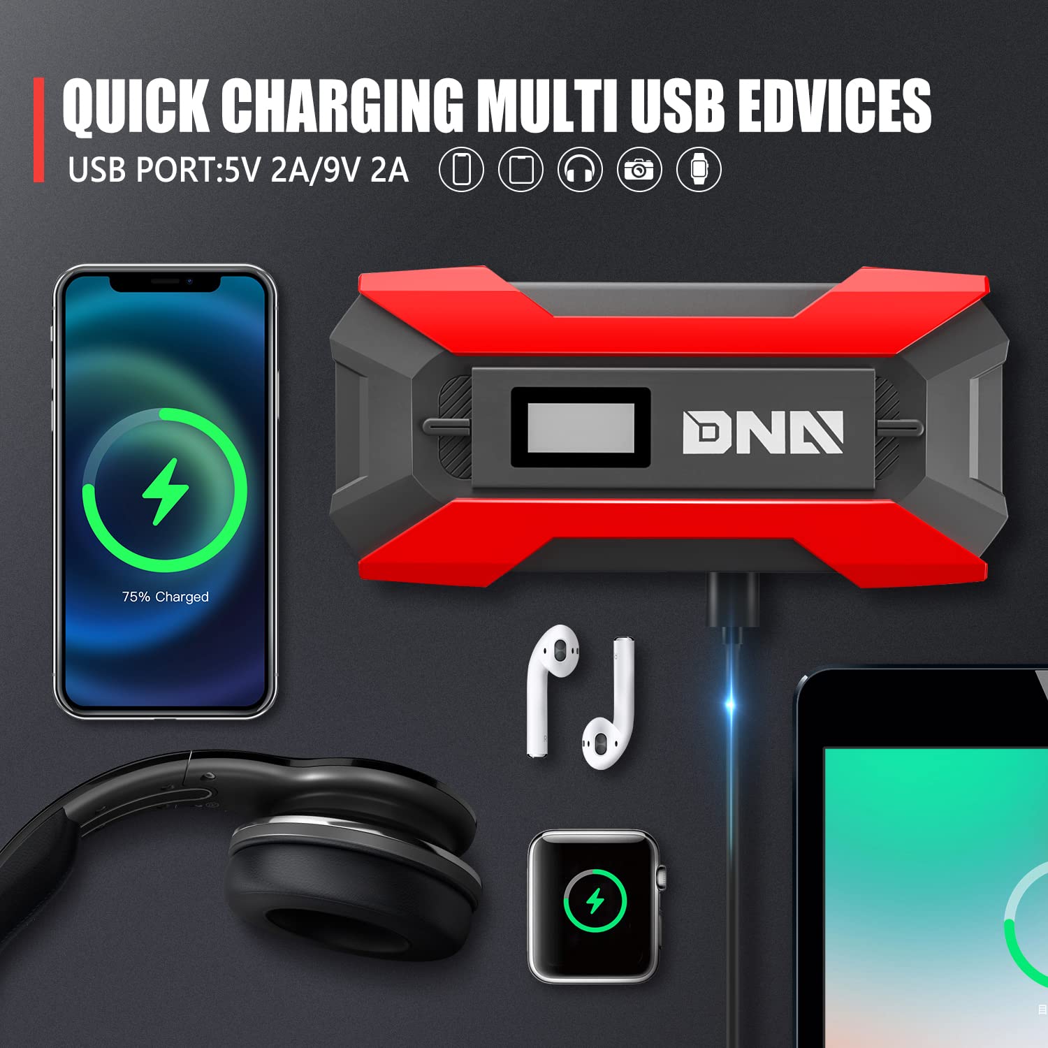 ?DNA MOTORING TOOLS-00214 12V 1500A 15000 mAh Multi-Function Portable Car Battery Jump Starter for Up to 7.0L Gas & 5.5L Diesel Engine, with Carry Case, Red