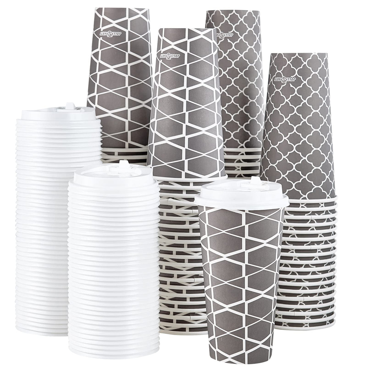 Jolly Party Disposable Coffee Cups With Lids -20 Oz (100 Set) To Go Coffee Cups, Paper Coffee Cups For Beverages Espresso Tea,Su