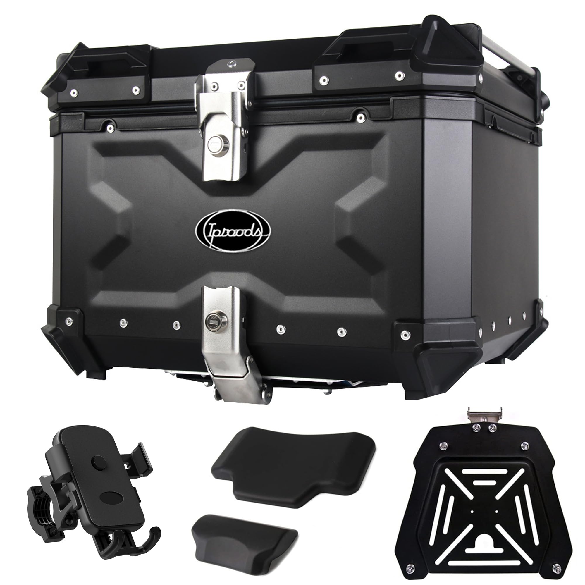 Iproods 55L Motorcycle Top Case, Aluminum Alloy Universal Motorcycle Tail Box With Backrest & Phone Mount Holder, Dual-Key Stora