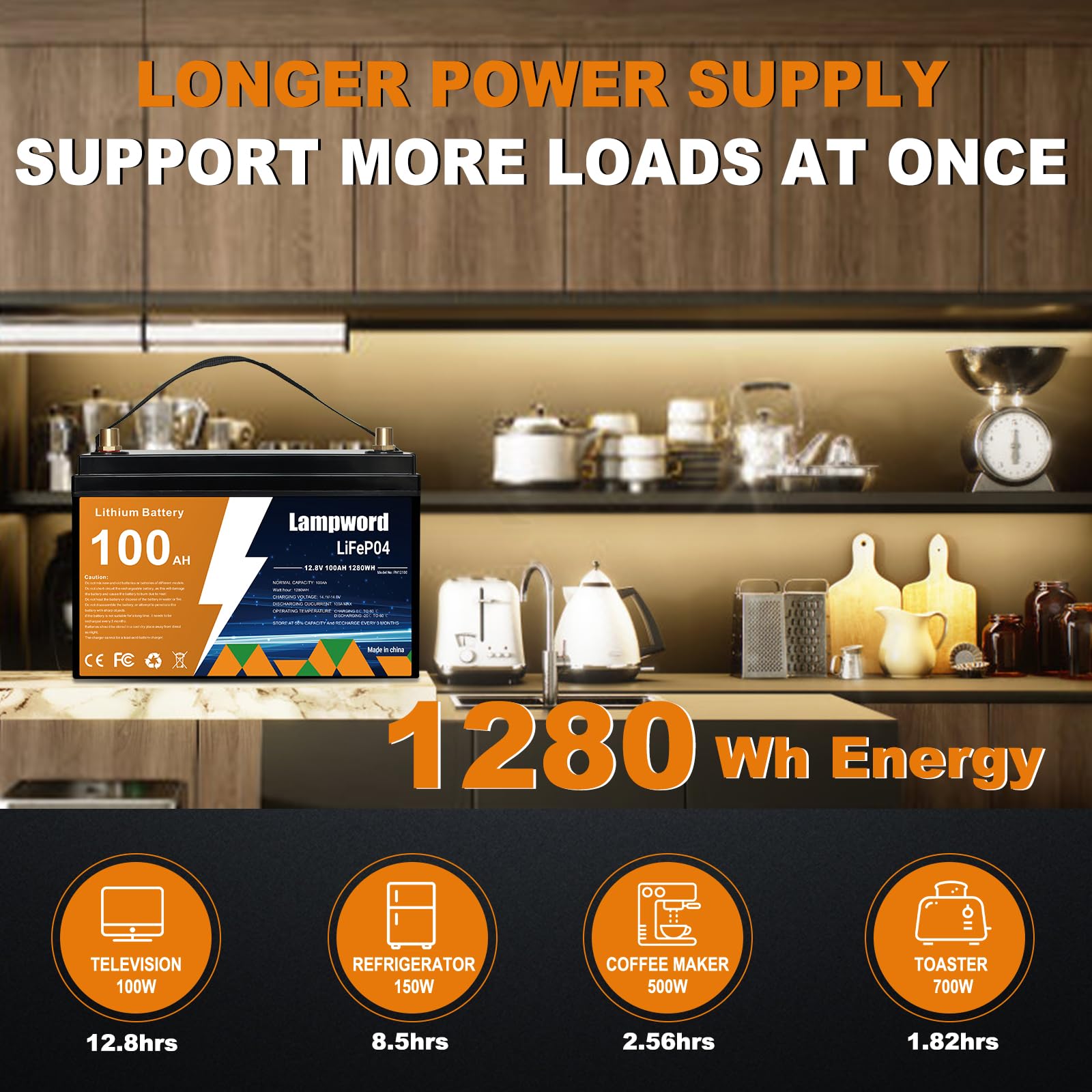 Lampword 12v 100AH Lifepo4 Battery 4000+ Deep Cycle Marine Lithium Battery/Power Wheels 12v Battery,Trolling Motor/Golf Cart/Sol