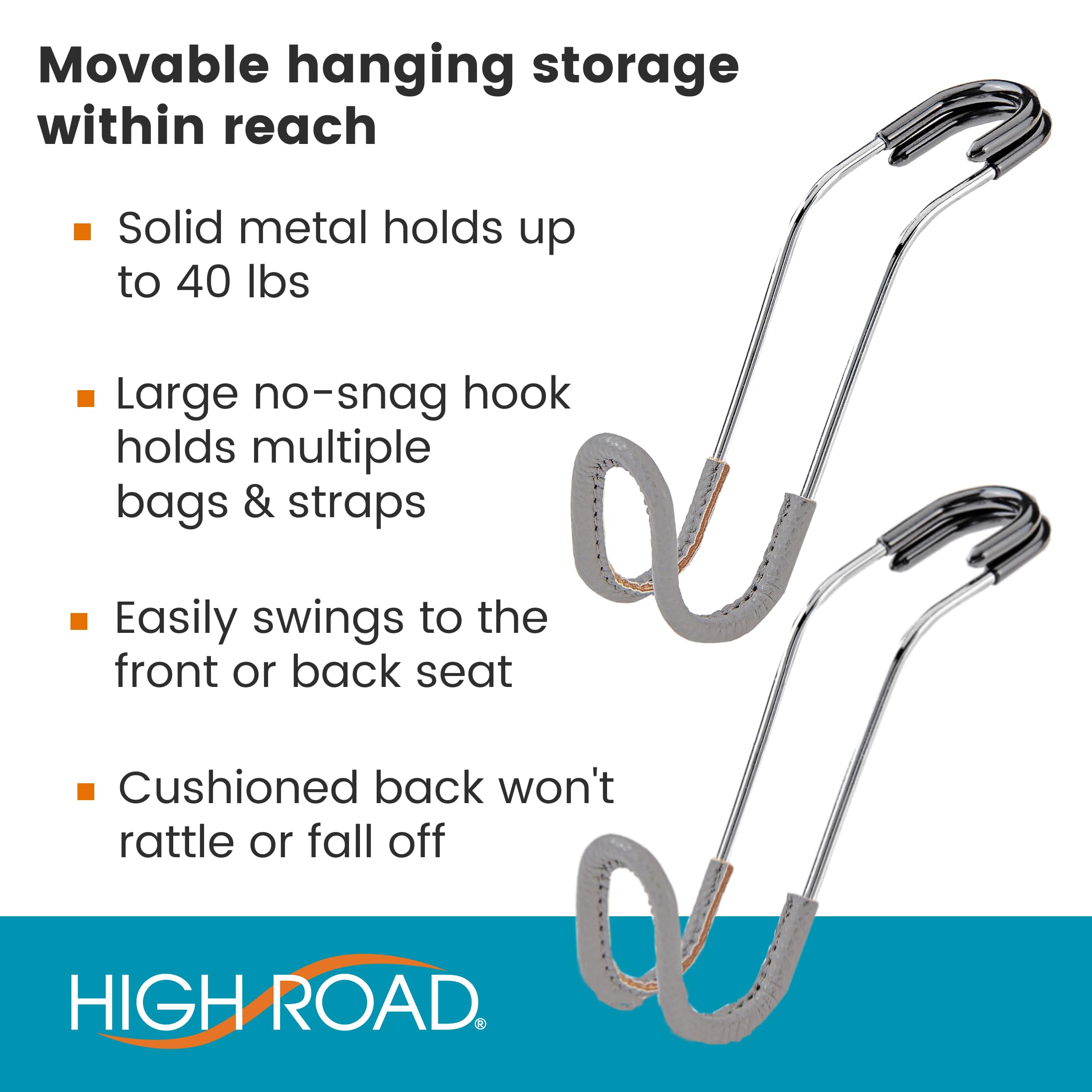 High Road Car Hooks For Purses And Bags With Leather Trim - Unbreakable Headrest Car Hooks For Large Purse Straps And Heavy Bags