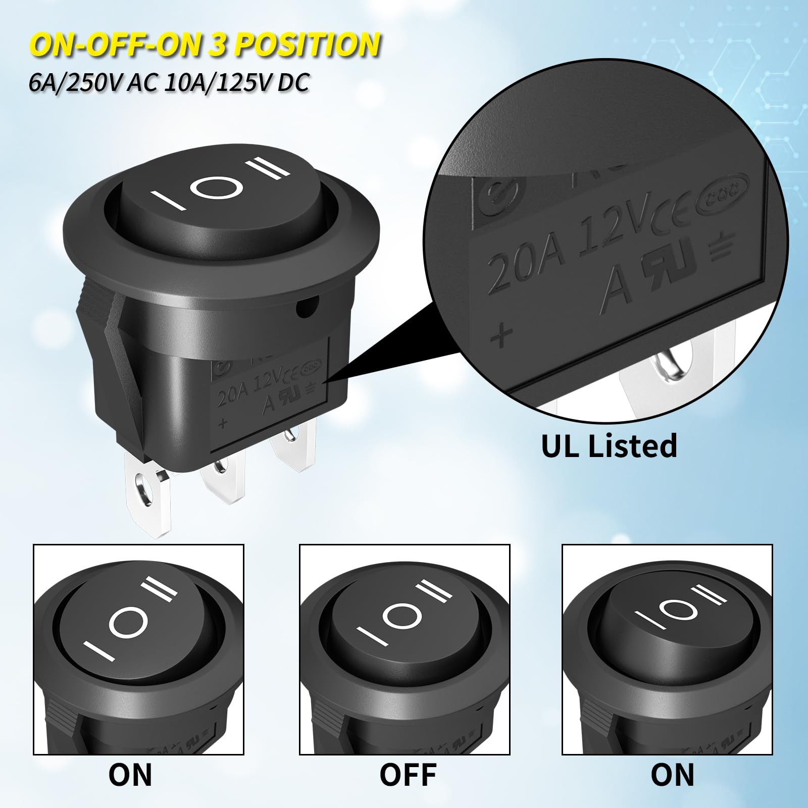 Joinfworld 3 Way Round Rocker Switch 12V, Waterproof 3 Pin 3 Position On/Off/On 6A/250V Ac 10A/125V Dc Spdt Circle Toggle Switch With Wires For Auto Car Marine Boat - 8Pack