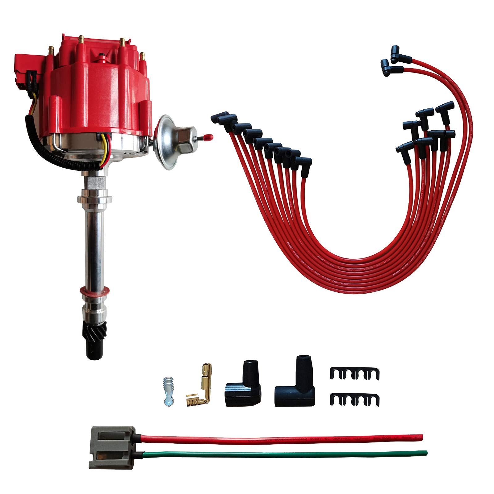 Mas Performance Hei Distributor With Red Cap And Wiring Kit Including 65K Coil Compatible With Chevy 305-454 Chevrolet C10 Gmc Sbc Bbc 350-400 4.3L 5.0L 5.7L 6.6L 7.4L