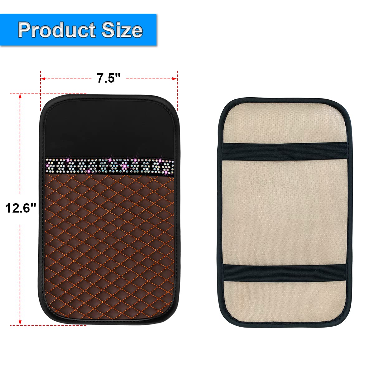 Bling Leather Car Center Console Cover, Car Center Console Protector With Glossy Crystal Rhinestone, Universal Waterproof Car Armrest Seat Box Cover For Most Car, Vehicles, Suvs, Trucks (Brown)