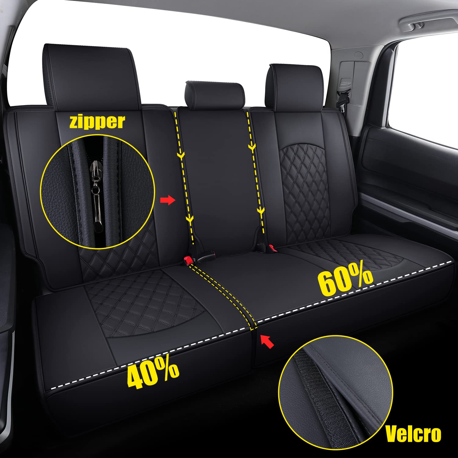Yiertai Rear Seat Covers For 2008-2023 Toyota Tundra Crewmax Double Cab Compatible With Split Bench 40/60 Waterproof Faux Leather Back Seat Covers(1 Rear Seat Cover/Black)