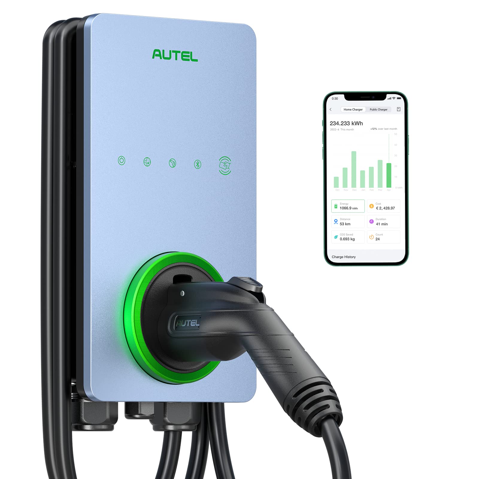 Autel Home Smart Electric Vehicle (Ev) Charger Up To 50Amp, 240V, Indoor/Outdoor Car Charging Station With Level 2, Wi-Fi And Bl