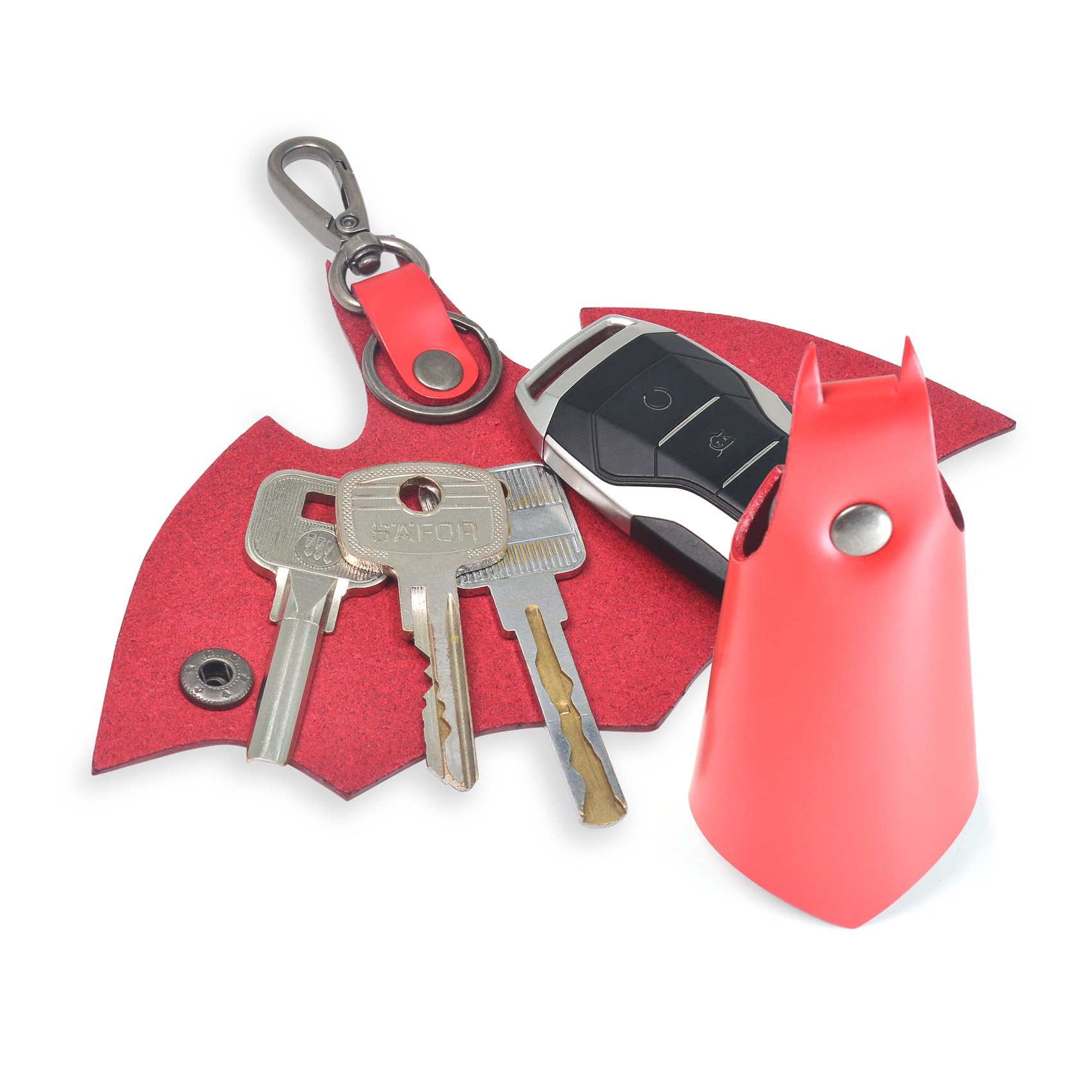 CAILLU KeyChain Leather Bat Shape for men gifts and women Car key fob case,Leather fashion pop keys ring cover holder (red Bat)