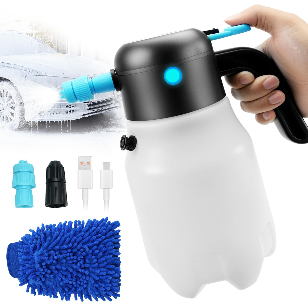 Electric Foam Sprayer Car Wash, 60PSI Foam Sprayer Auto Pressurized with 2 Nozzles(Foam/Water Stream), Built-in 7.4V Pump, 2x200