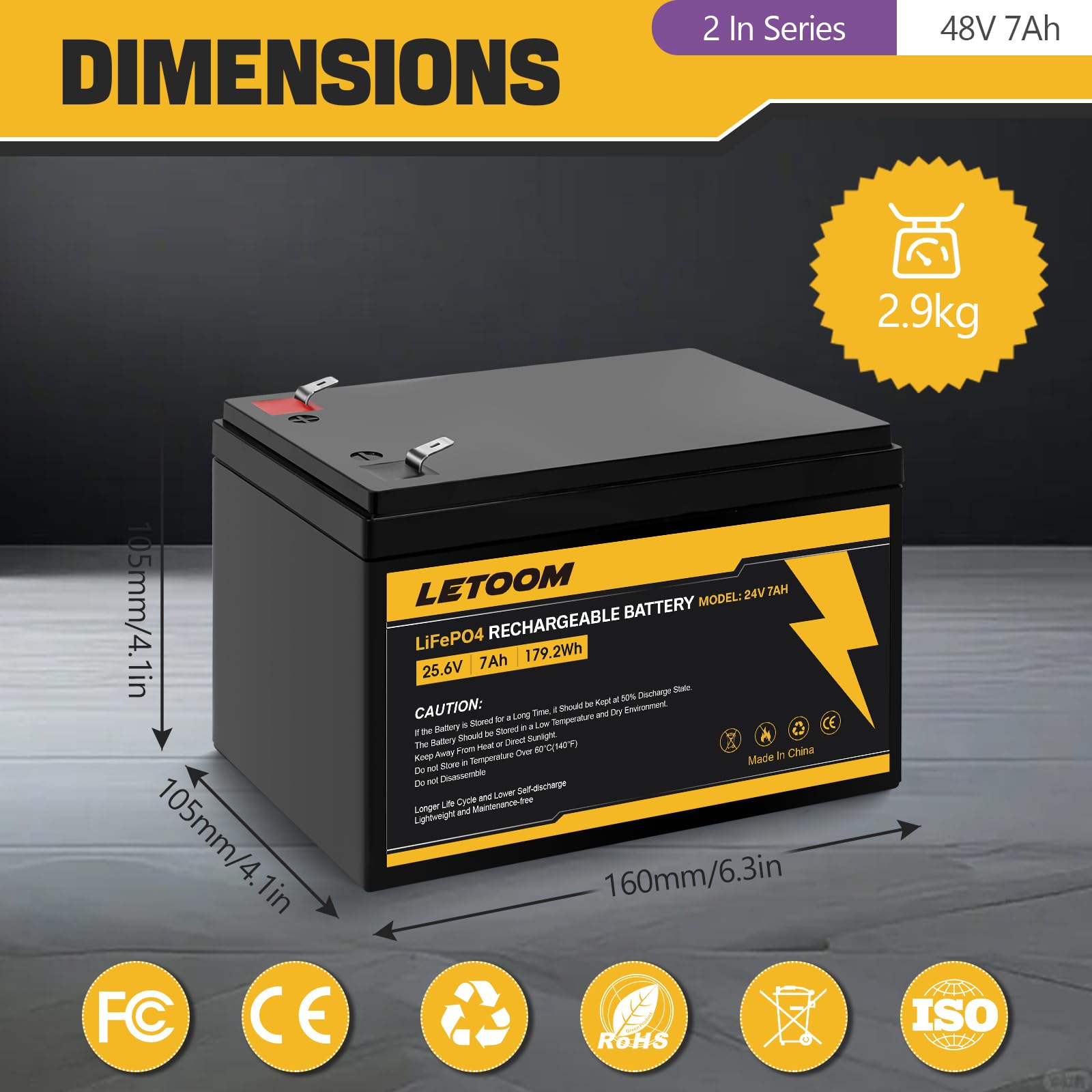 24V 7Ah LiFePO4 Rechargeable Battery LF8011, 25.6V 179.2Wh Deep Cycle Lithium Iron Phosphate Batteries for Ride on Toys