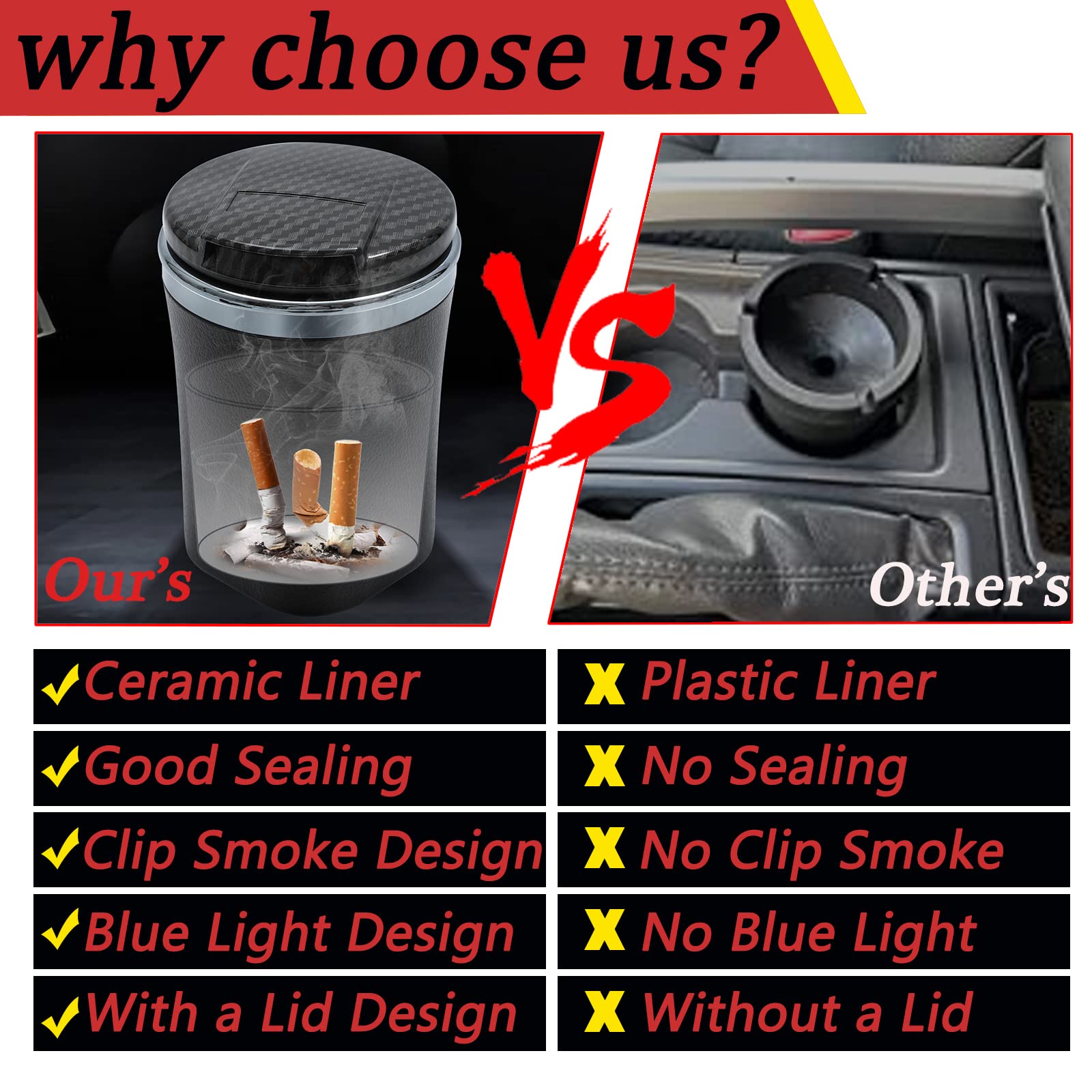 Car Ashtray With Lid Auto Ashtrays Smell Proof Smokeless Ashtray For Car Easy Clean Up Detachable Ash Tray With Led Blue Light (Black)