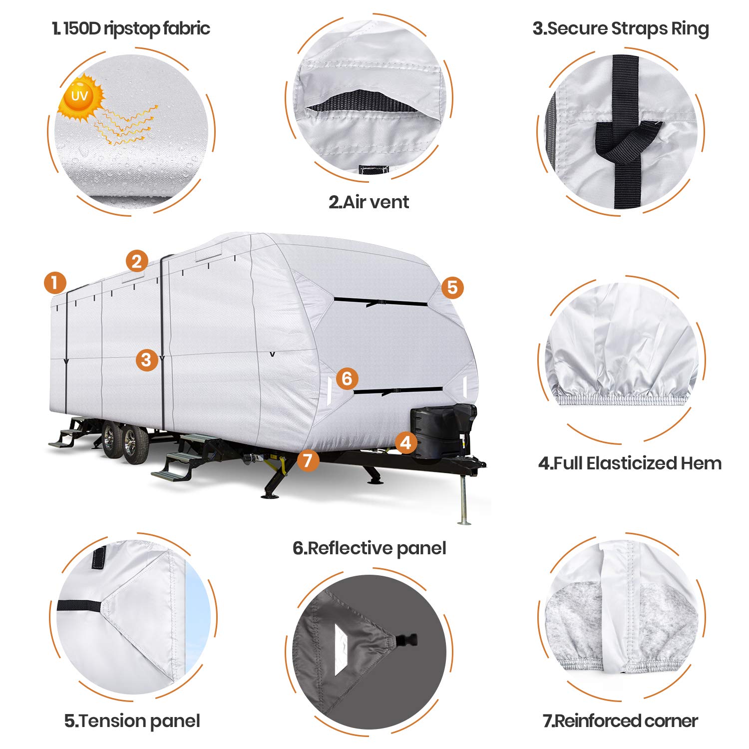Leader Accessories 210D Travel Trailer RV Cover 20'-22' - Silver Polyester, Model 304009, Includes Adhesive Repair Patch