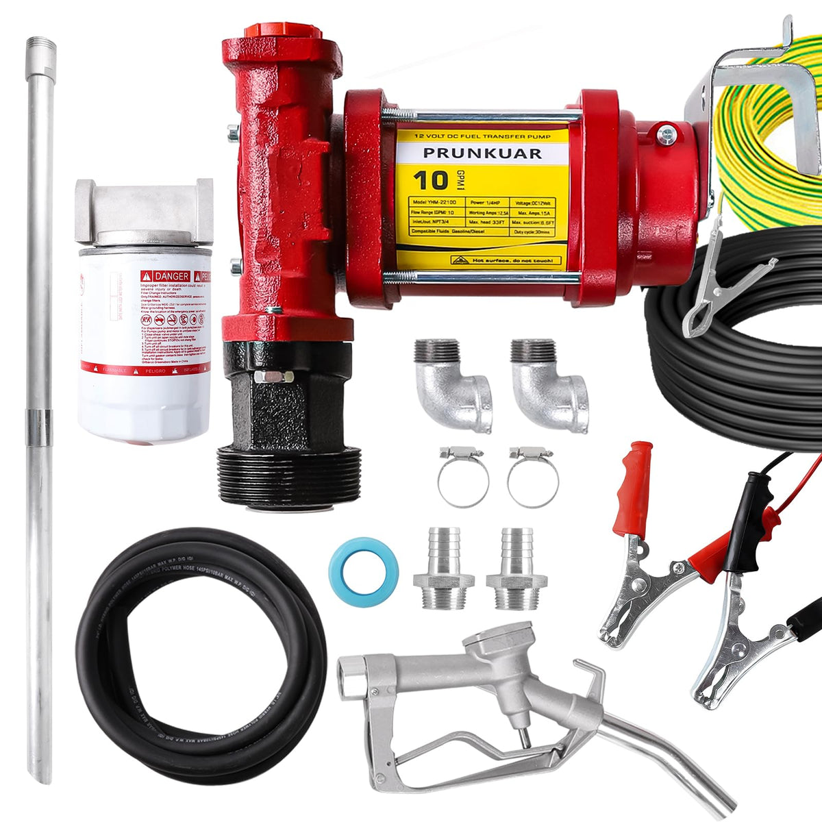 PRUNkuar 12V Fuel Transfer Pump w/Manual Nozzle, 10 GPM High Flow DC Diesel Transfer Pump, Gas Heavy Duty Transfer Pump with Fil