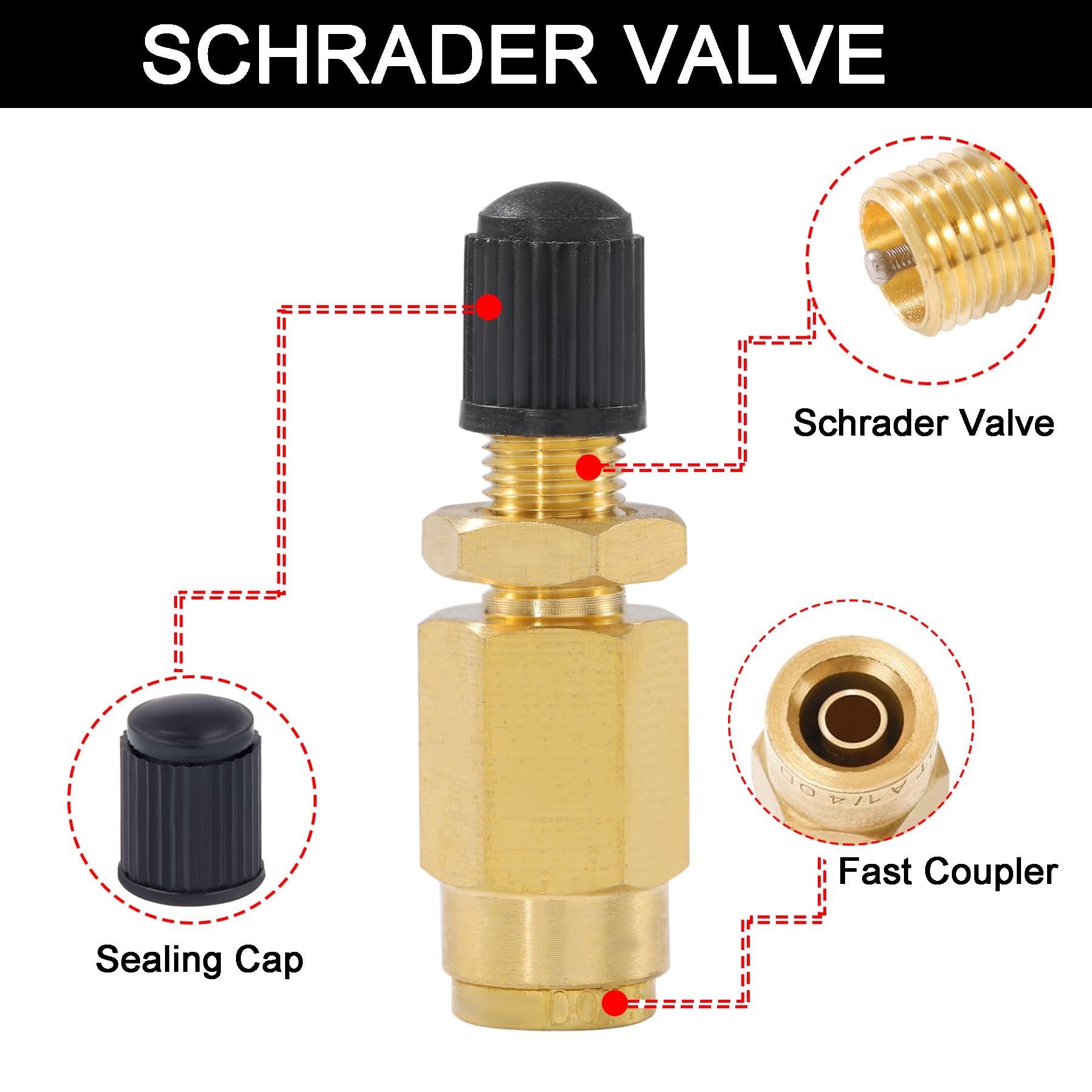 Breezliy 1/4'' Inflation Schrader Valve with Push to Connect for 1/4'' OD Air Line Tubing and Air Spring Suspension for Semi Tru