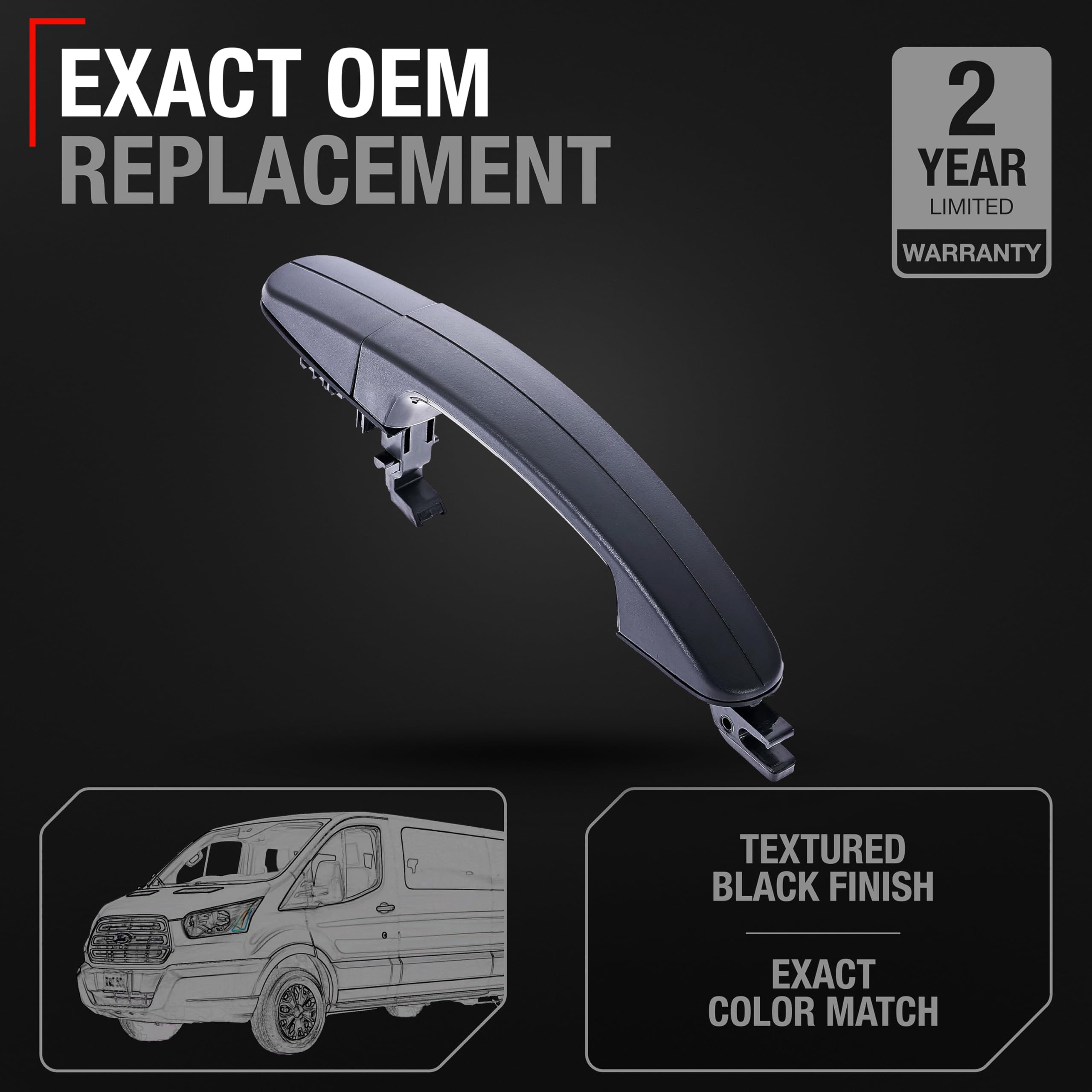 T1A Exterior Rear Passenger Sliding Door Handle Replacement - Compatible With 2015-2023 Ford Transit - Textured Black, Plastic -