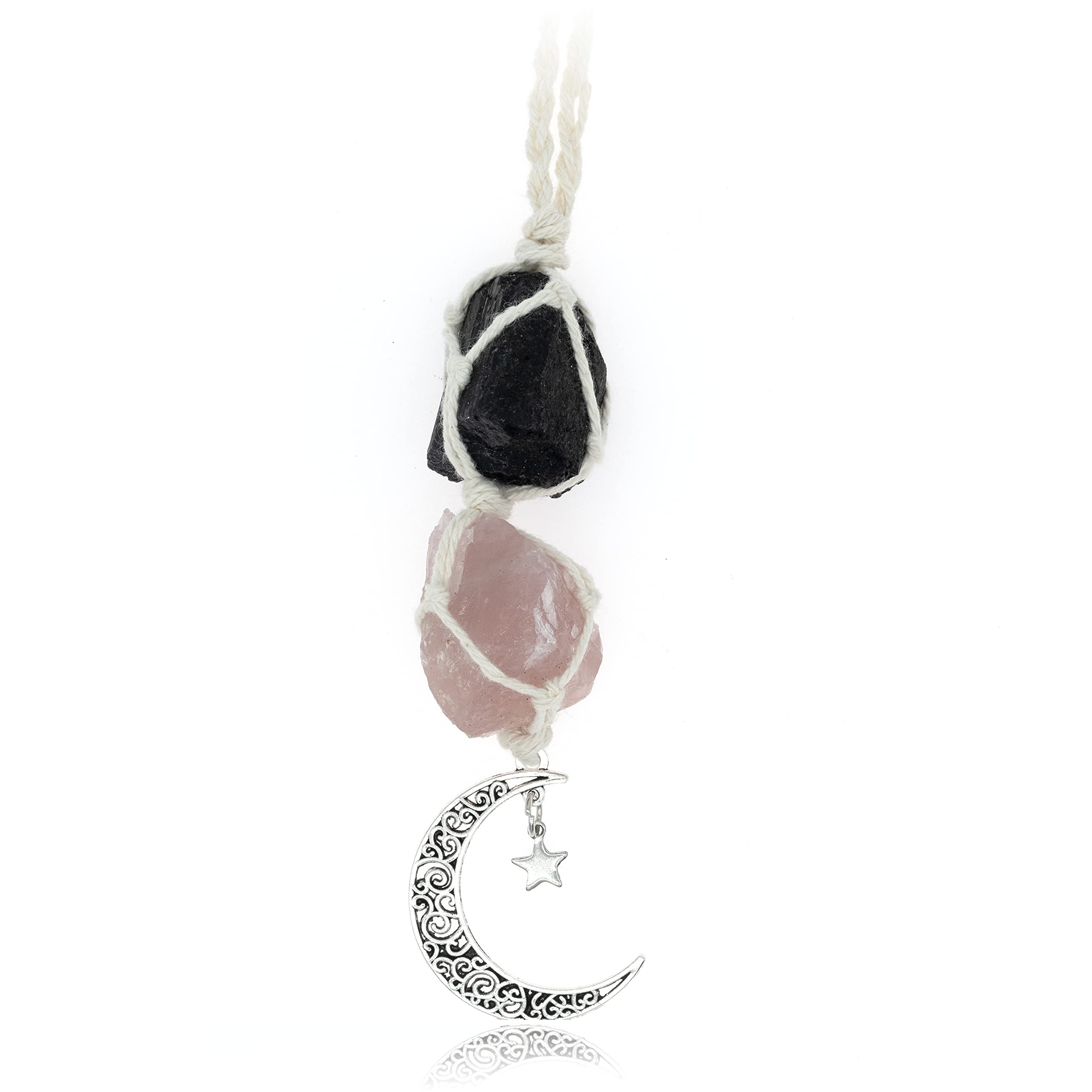 Boho Garden Hanging Car Charm - Black Tourmaline & Rose Quartz - Dangling Moon, Healing Crystal Accessories, Rearview Mirror Decorations - Grounding, Confidence, Protection, Love, Self-Worth, Energy
