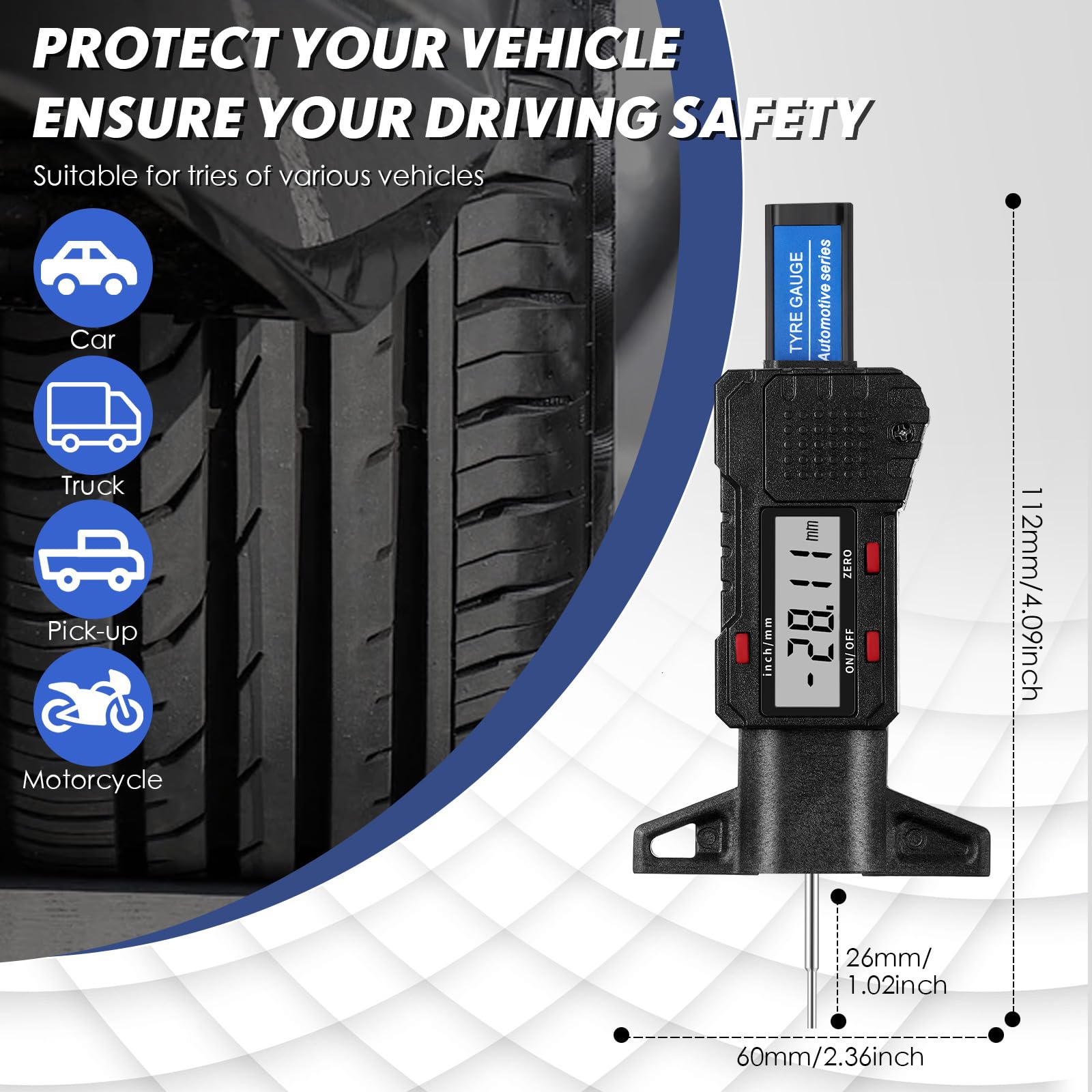 Lcd Display Tire Thread Measuring Gauge Digital Tire Depth Gauge Tire Tread Depth Gauge Digital Tread Depth Gauge Blue Tire Wear Gauge Tread Checker With Inch Mm Conversion For Motorcycle Car Truck
