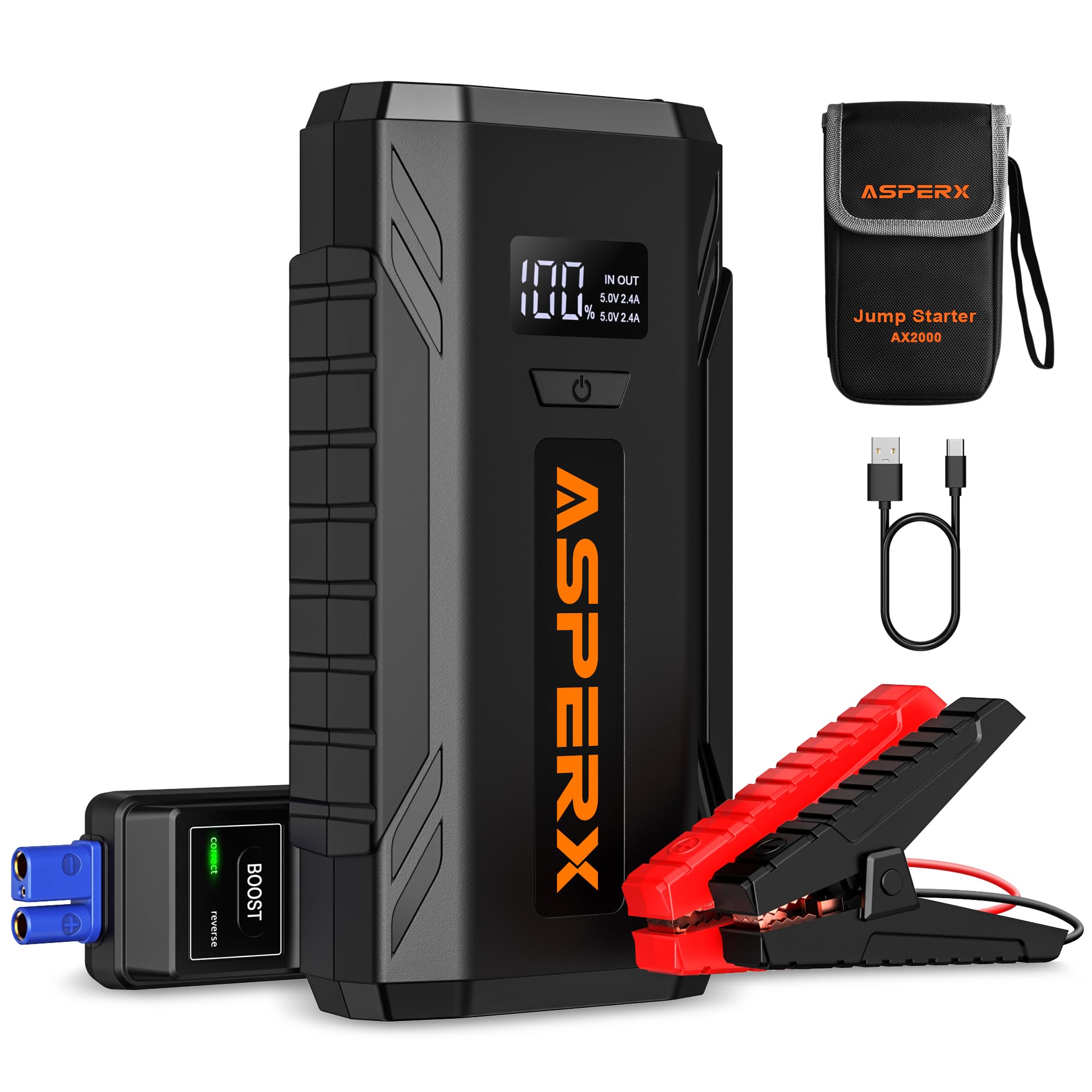Asperx Jump Starter, 2000A Peak Car Battery Jump Starter For Up To 8.0L Gas Or 6.5L Diesel Engine, 12V Portable Car Battery Boos