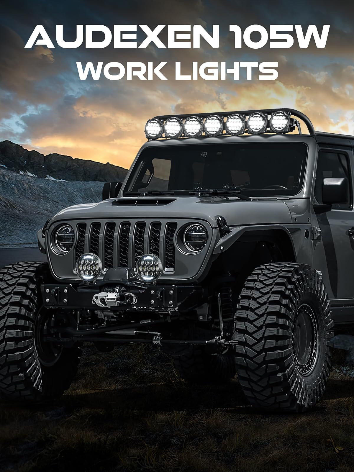 Audexen Led Work Lights, 7 Inch 105W Round Spot Led Pods Light Bar High/Low Beam Drl With Adjustable Mounting Bracket Compatible