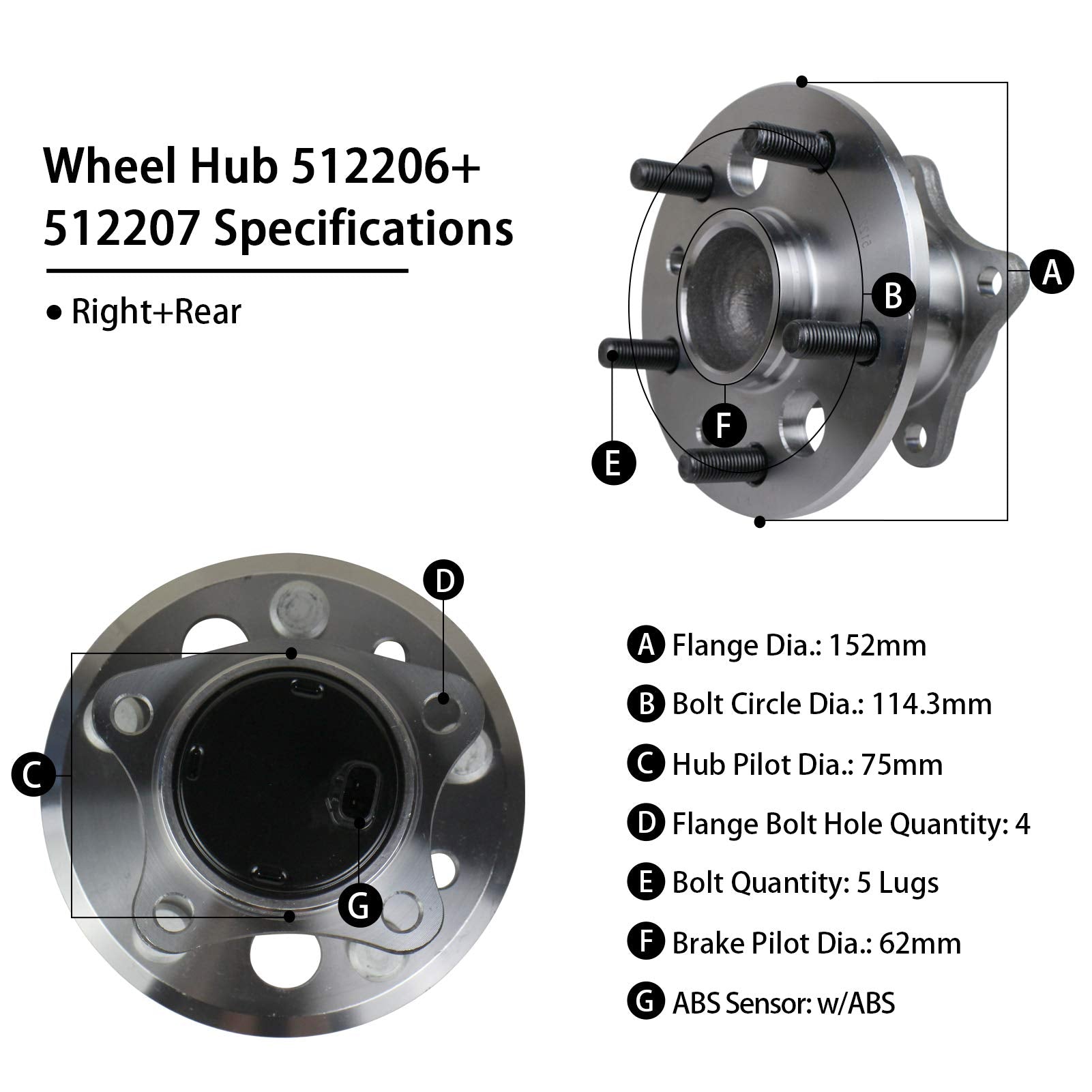 Macel 512206 512207 Set Of 2 Rear Wheel Hub Bearing Assembly Fit For 05-12 Toyota Avalon, 02-11 Camry, 02-03 Lexus Es300, 04-06 Es330, 07-12 Es350, 01-03 Toyota Highlander, 04-08 Solara W/Abs