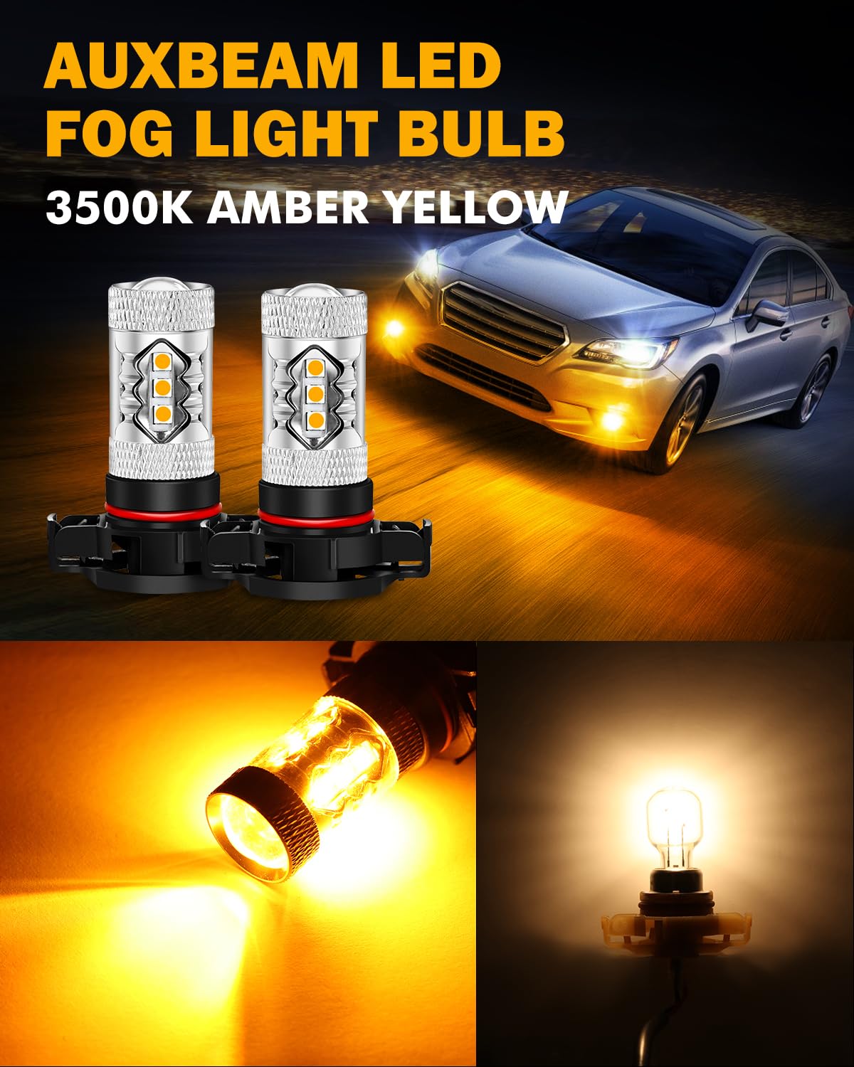 Auxbeam 5201/5202/9009 Fog Light Bulbs 3500K Amber Yellow, High Power 50W 8000Lm Super Bright, 360-Degree Illumination, Fog Lamp