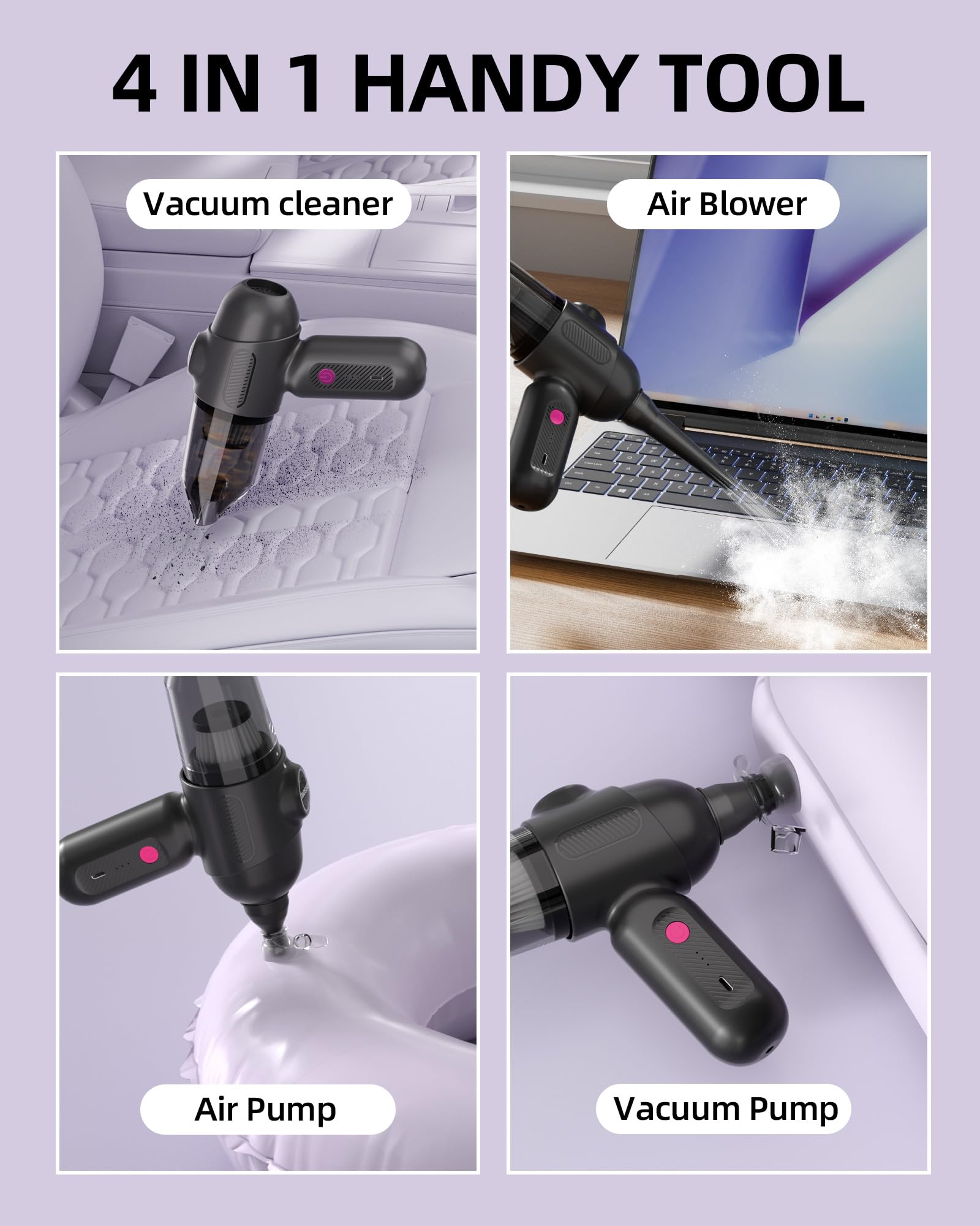 Car Vacuum V6 Pro, Cordless Handheld Vacuum with 8000Pa, Portable 4-in-1 Blowing and Suction Function Mini Vacuum Cleaner Air Du