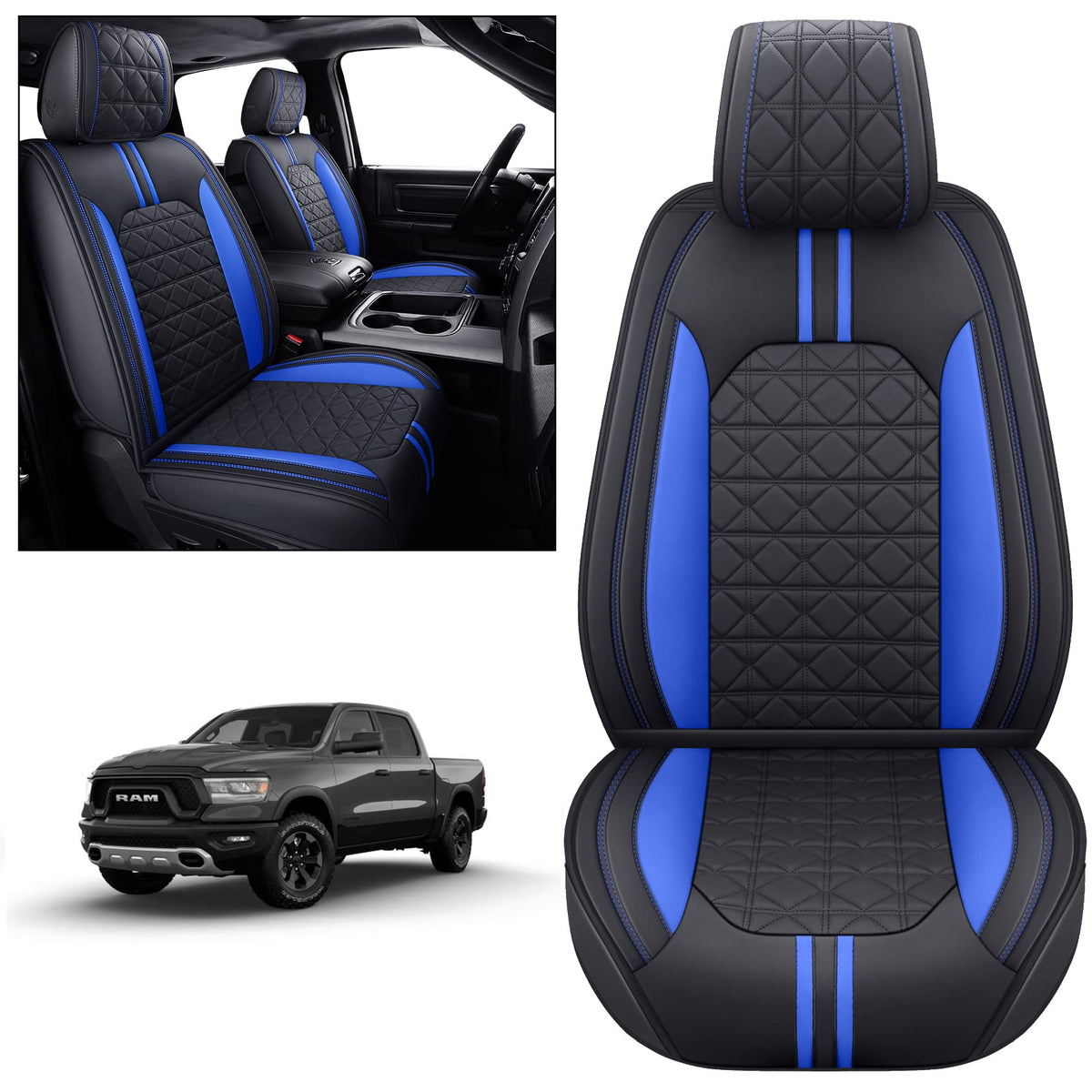 Yiertai For Dodge Ram Seat Covers Fit 2009-2025 1500/2500/3500Hd Pickup Crew Double Cab Quad Cab Laramie Long Horn Rebel Tradesman Waterproof Leather Seat Cover(2 Pcs Front Only/Black-Blue)