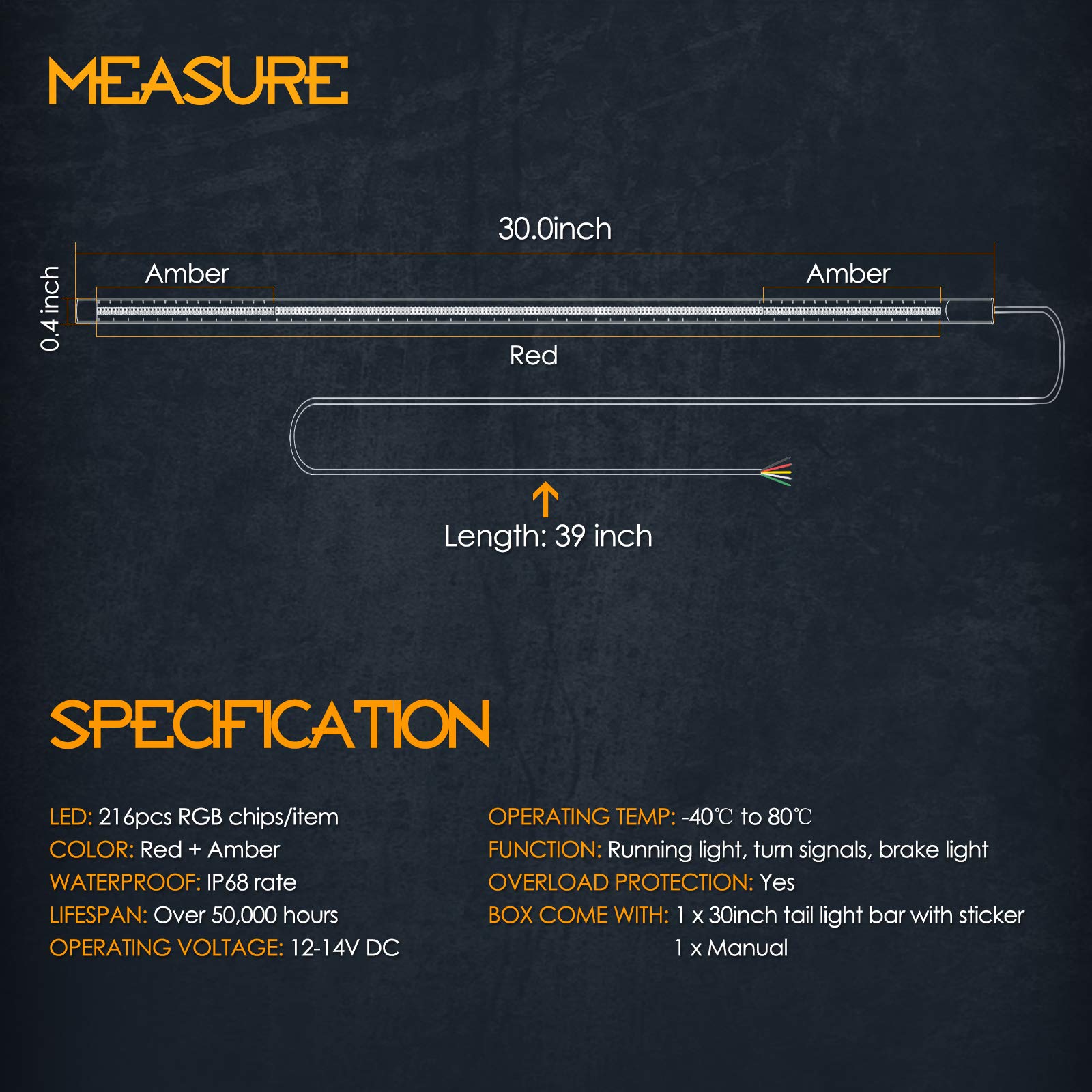 Nirider Utv Tail Light Strip, 30 Inch Rear Light Bar Tailgate Light W/Turn Signal Brake Backup Light For Utv Rzr Polaris Ranger
