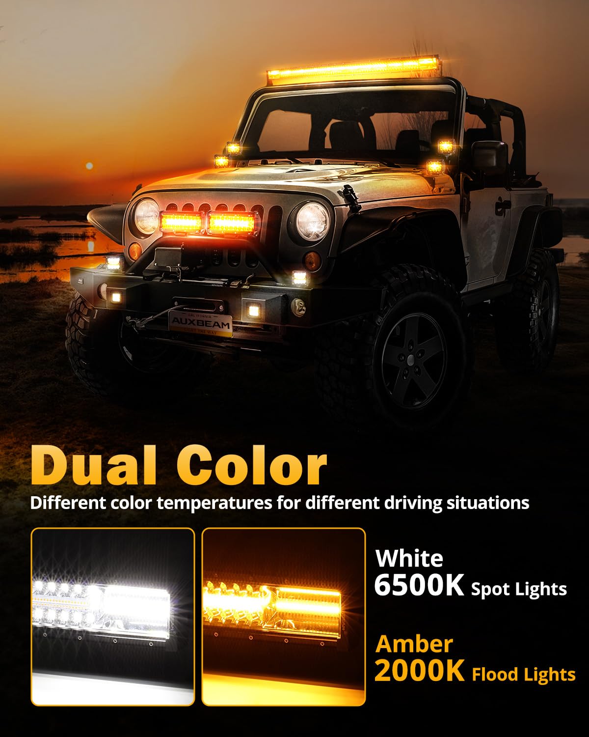 Auxbeam 6 Modes Amber White Series, 30 Inch 180W Led Light Bar Dual Color Flash Strobe Light, Spot Flood Combo Emergency Off-Roa