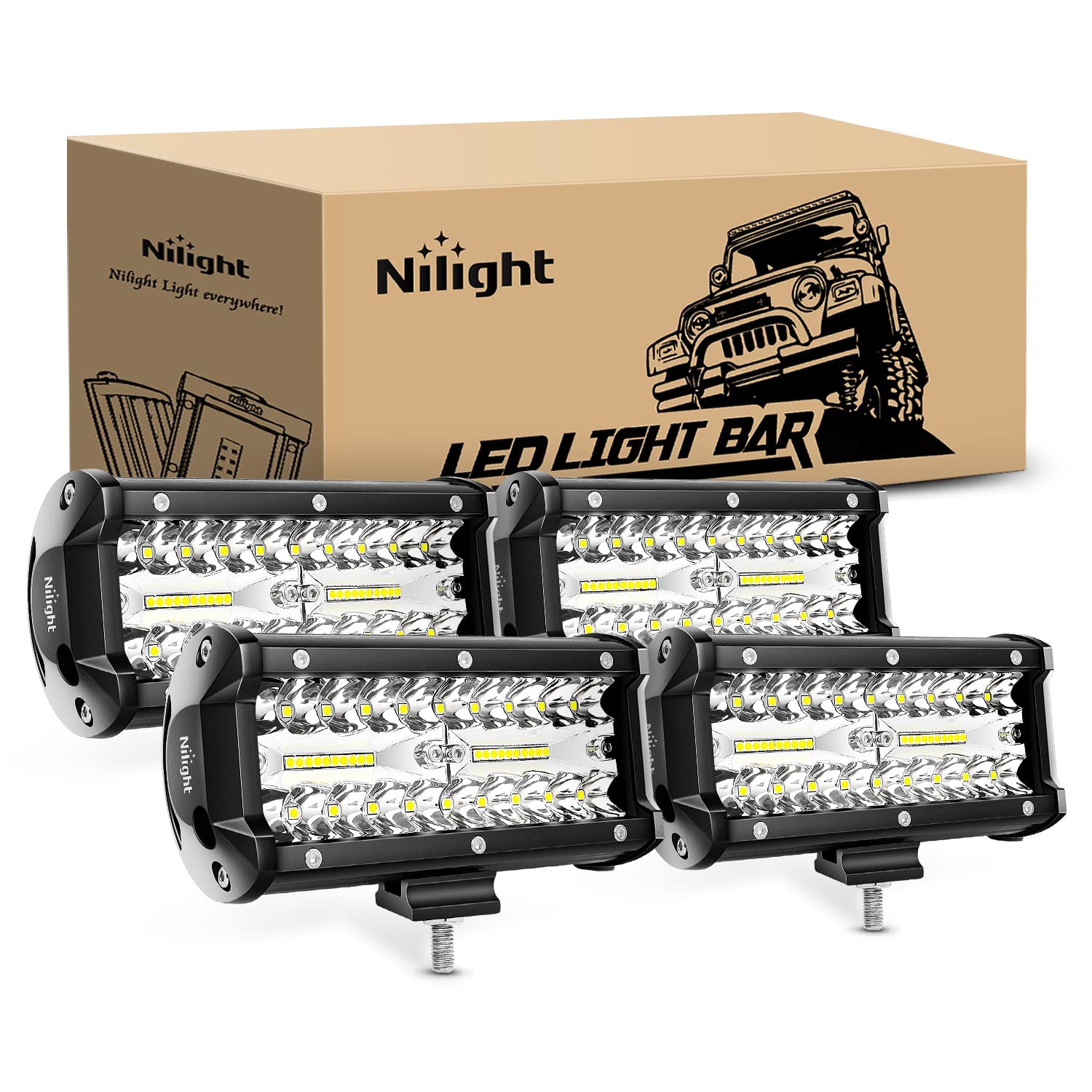Nilight Led Pods 4Pcs 6.5 Inch 120W Light Bar Triple Rows Spot Flood Combo Driving Light Waterproof Led Work Light Off-Road Truc