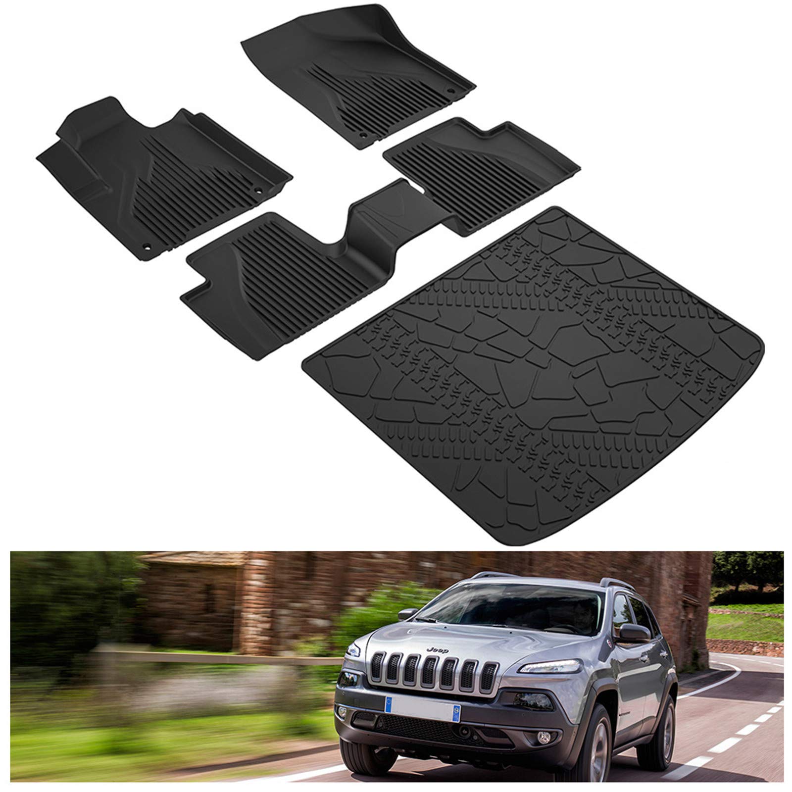 Kiwi Master Floor Mats & Cargo Liner Set For 2014-2023 Jeep Cherokee All Weather Mat Front & Rear 2 Row Seat Trunk Tpe Slush Lin