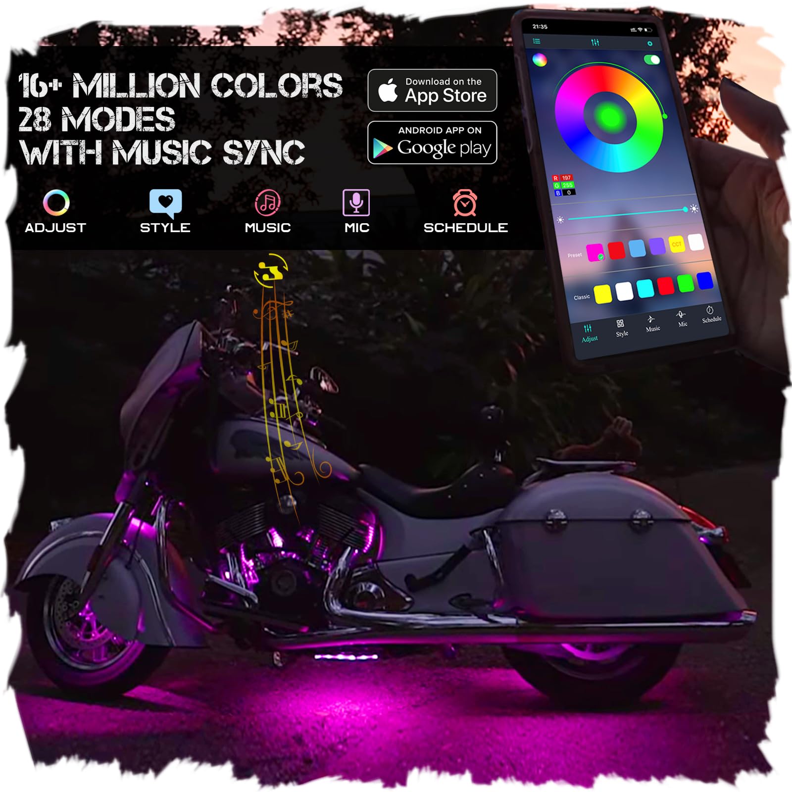 Jjunlim 12Pcs Motorcycle Underglow Led Strip Light Kit Waterproof Rgb Neon Accent Light Ground Effect Atmosphere Light Strips Dc 12V With App Control For Motorbike Trikes Golf Carts Atvs Utvs