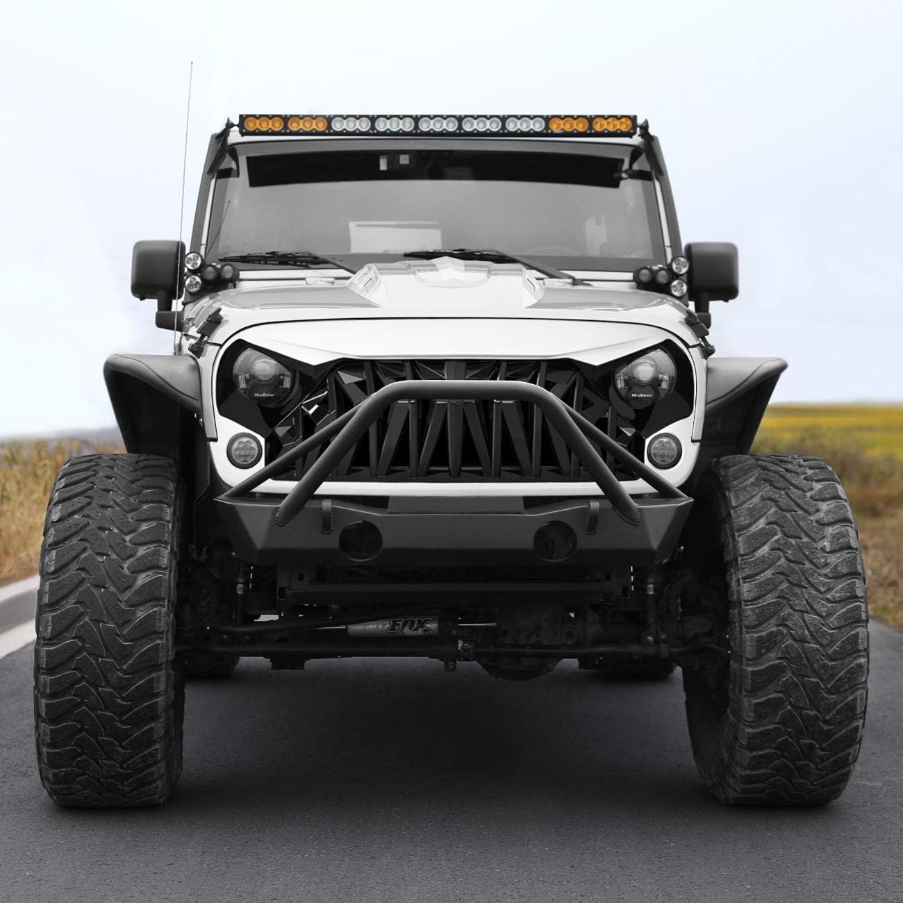ICARS Front Grill Shark Grille for 2007-2018 Jeep Wrangler JK JKU - White and Black, ABS Material, Model ICARS12JEEP009-P