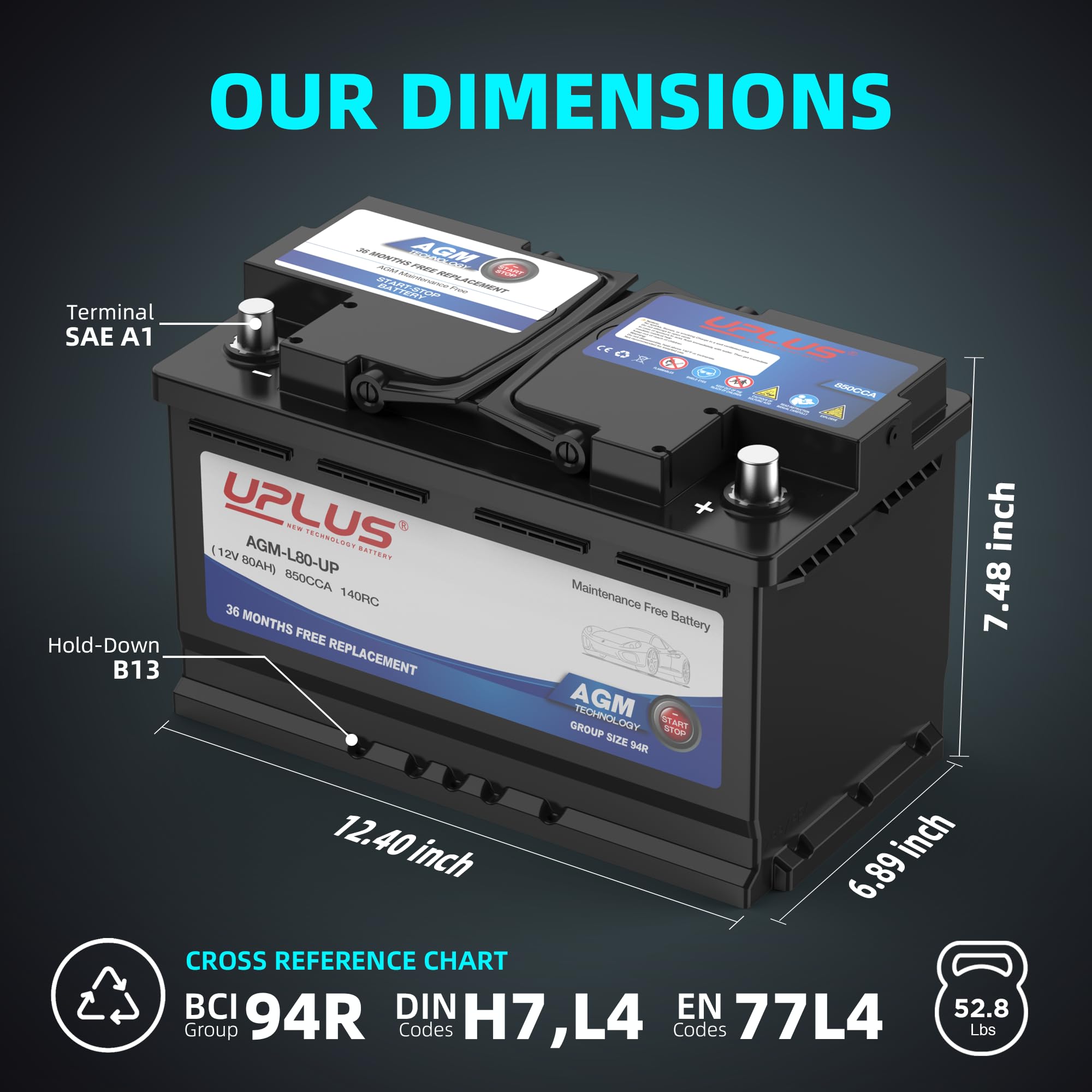 Uplus Bci Group 94R Car Battery, Agm-L80-Up Maintenance Free 12V 80Ah Premium Agm Batteries H7 L4 Automotive Battery, 850Cca, 14