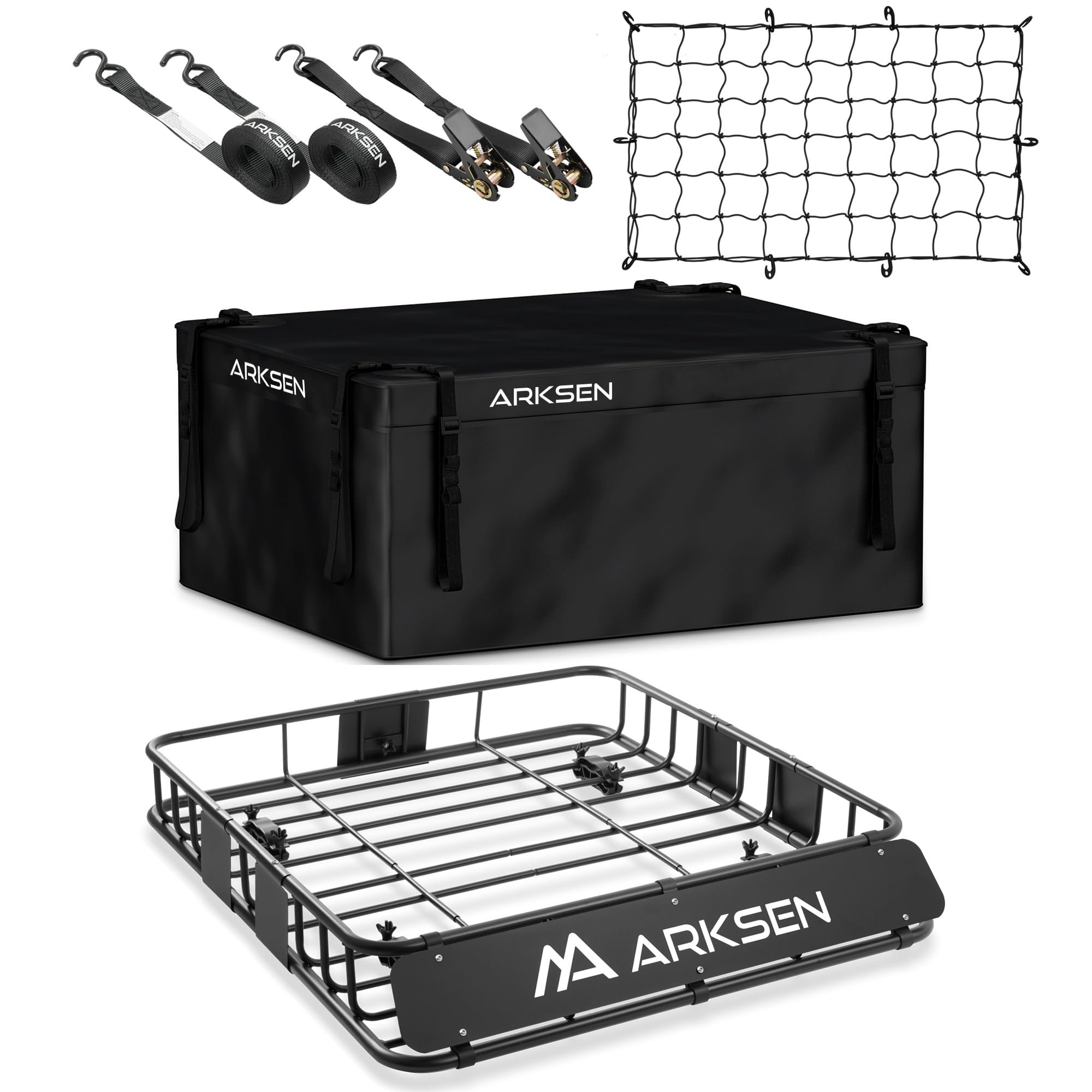 Arksen 43 X 39 X 6 Inch Universal 250Lb Heavy Duty Roof Rack Cargo With 500D Waterproof Cargo Bag, Cargo Net & Ratchet Straps, C