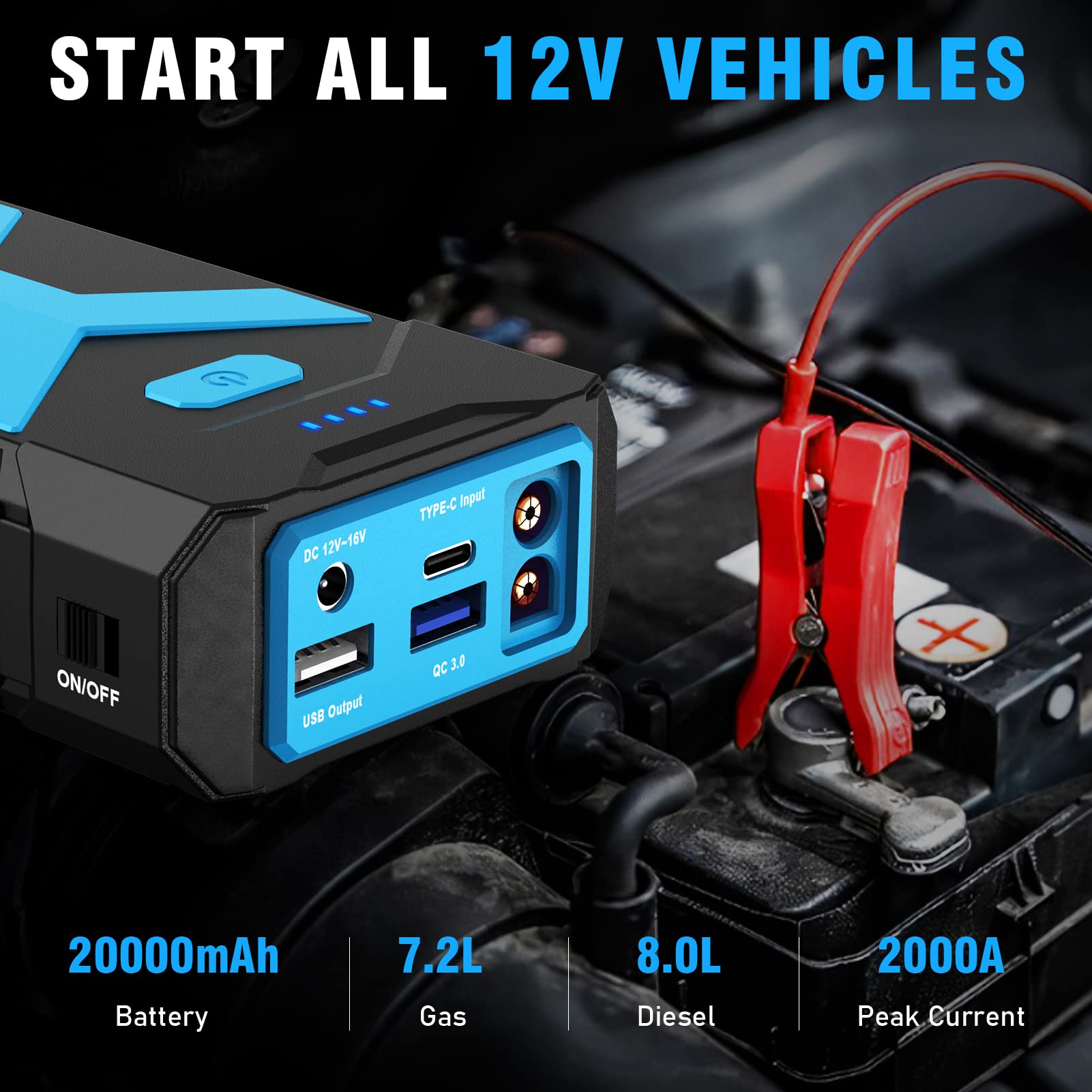 2000A Jump Starter Battery Pack 12V Battery Jumper Starter Portable 20000Mah Car Battery Jump Starter With Usb Qc 3.0 Car Jumper