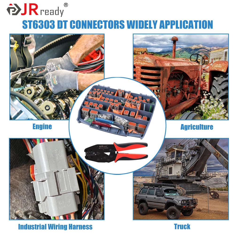 Jrready Deutsch Connector Kits St6303: 2 3 4 6 8 12 Pin Dt Connector Kit Ip67 Waterproof With Deutsch Crimper Act-Ly-16Dt, Stamped Contacts Size 16 For Automotive, Truck, Boat Repairing