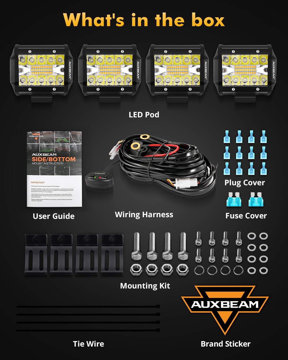 Auxbeam 6 Modes Amber White Series, 4 Packs Led Pod Lights Flash Strobe Warning Multi-Function, 4'' 240W Spot Flood Combo Led Of