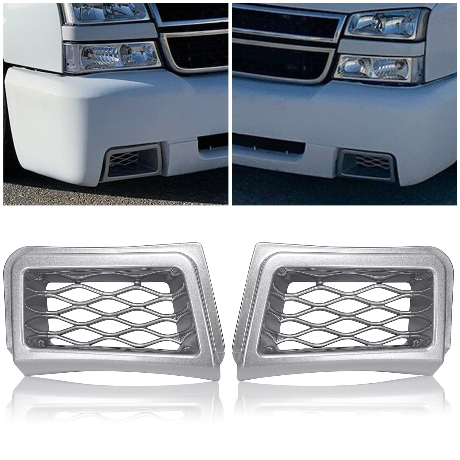 ECOTRIC Bumper Caliper Air Duct Vent Trim Compatible with 2003-2007 Chevy Chevrolet Silverado 1500 New Pair Silver Right & Left Air Duct Bezel Replacement for 89025753 & 89025754