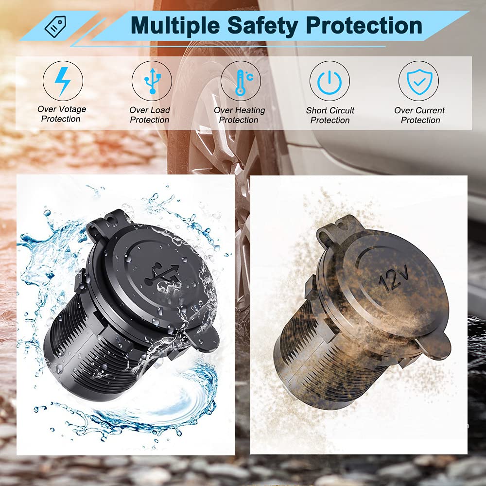 Electop Cigarette Lighter Socket Outlet Splitter, 12V Usb Outlet Usb Charger 12 Volt Socket Power Outlet With Led, Waterproof Po