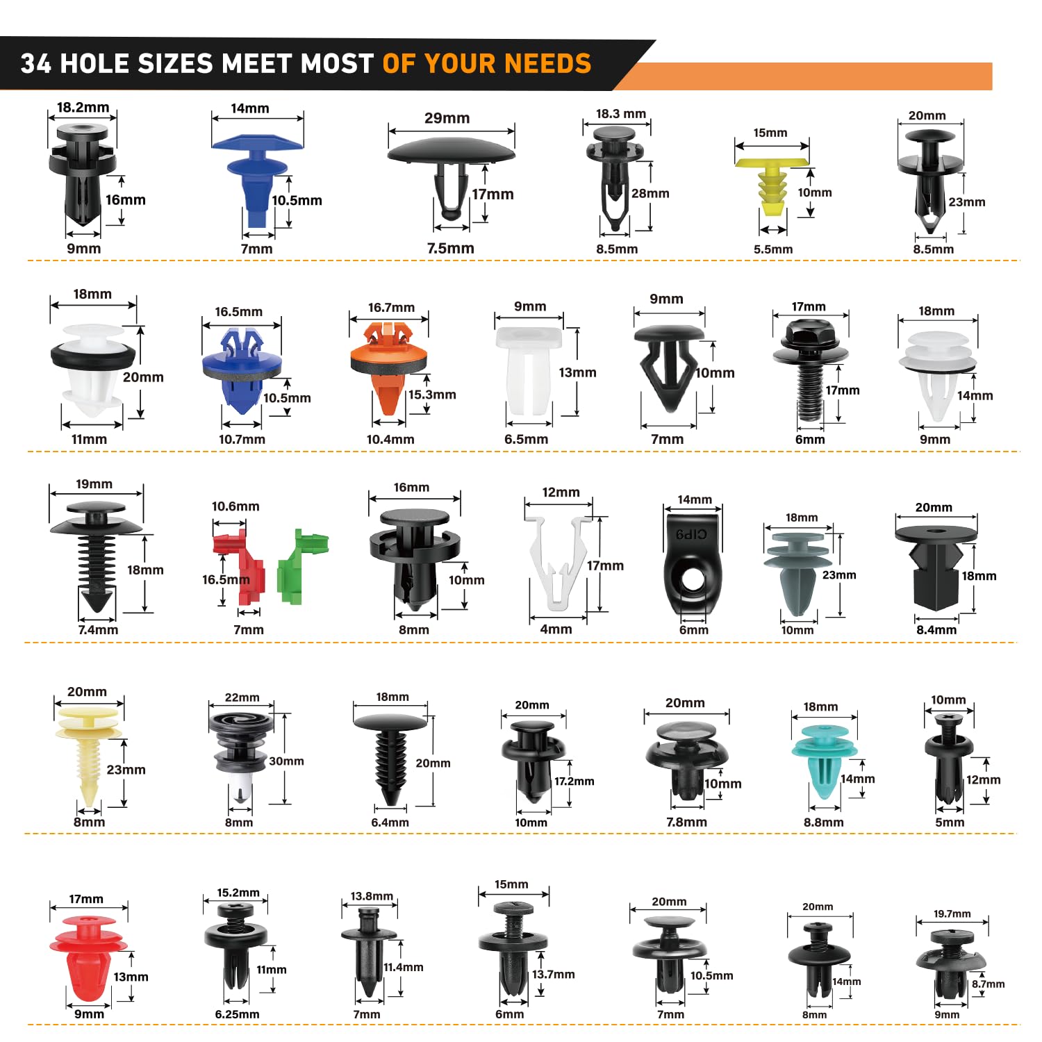 Gooacc 1125Pcs Bumper Clips Car Retainer Clips - 26 Most Popular Sizes Plastic Push Rivets Fender Clips Door Trim Panel Clip Set