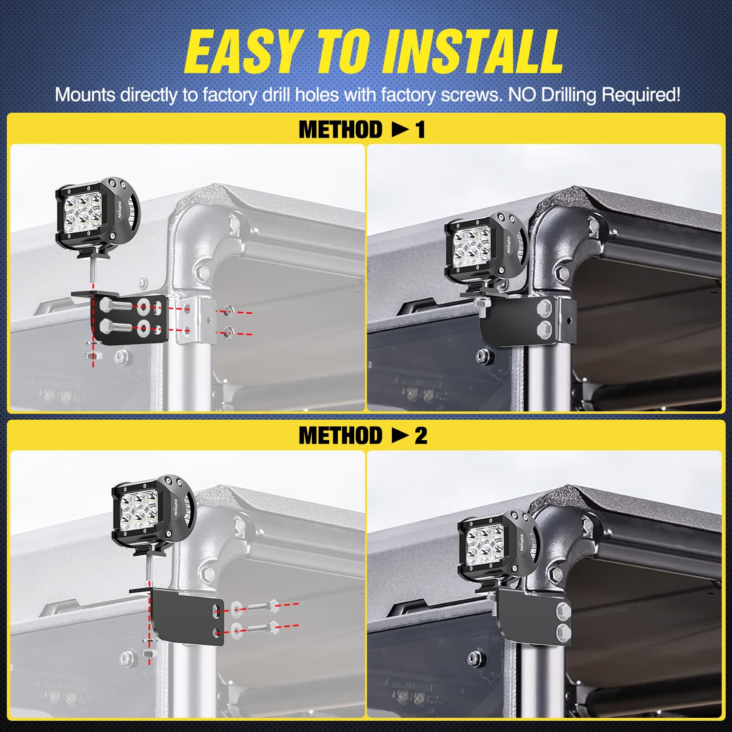 Nilight 2PCS 3 Inch LED Pods Cubes UTV Rear Roof Mounting Brackets LED Backup Reverse Lighting 15FT Wiring Harness Kit 2 Leads f