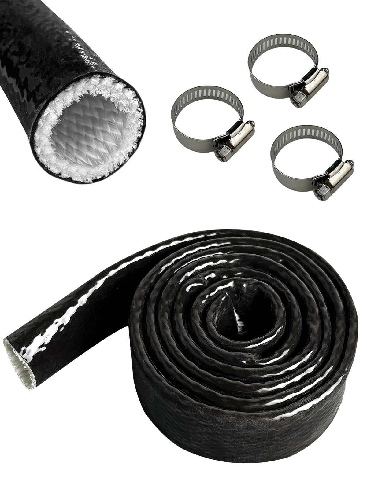 Yamakato 3/4 '' Id Heat Shielded Fire Thermo Armor Fire Sleeve Silicone Coated Fiberglass Heat Protection W/ 3 Clamps For Automo