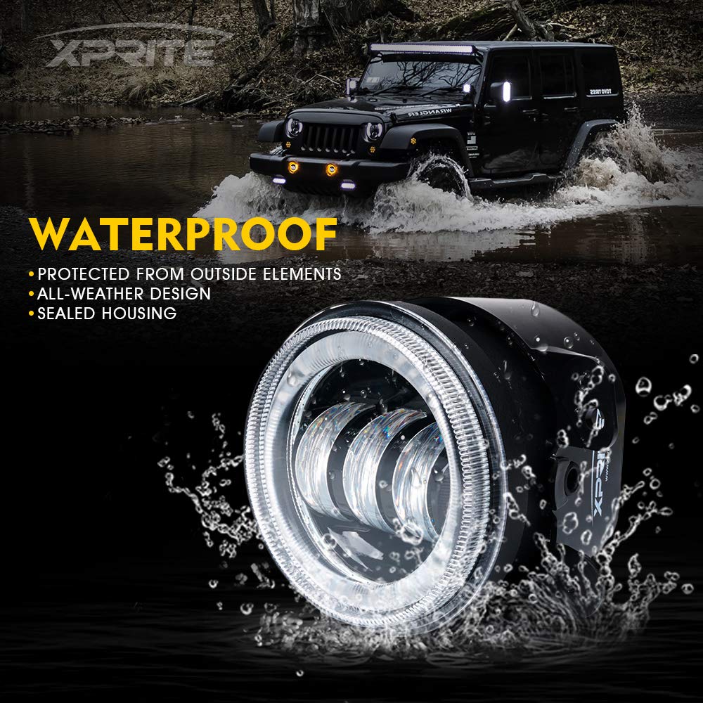 Xprite Fog Lights W/Amber Halo Ring Angle Eye Drl, 4 Inch Foglights Compatible With 07-18 Jeep Wrangler Jk, 60W Led Front Bumper